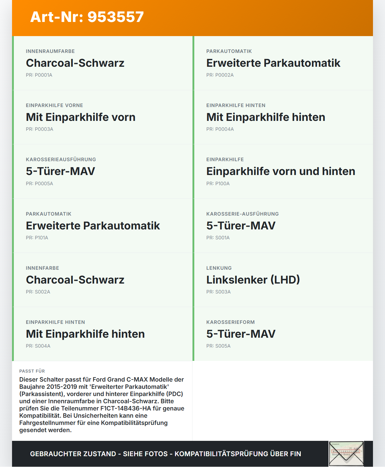 Ford Grand C-MAX 15-19 Schalter PDC Off Parkassistent Ford Grand C-MAX 15-19 27.05.2016 F1CT-14B436-HA gebraucht Vorschau 3