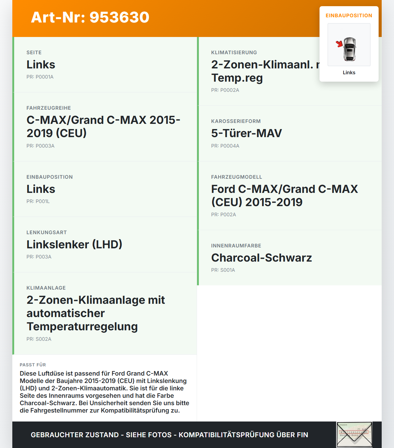 Ford Grand C-MAX 15-19 Luftdusche Luftdüse Links Ford Grand C-MAX 15-19 27.05.2016 gebraucht Vorschau 3