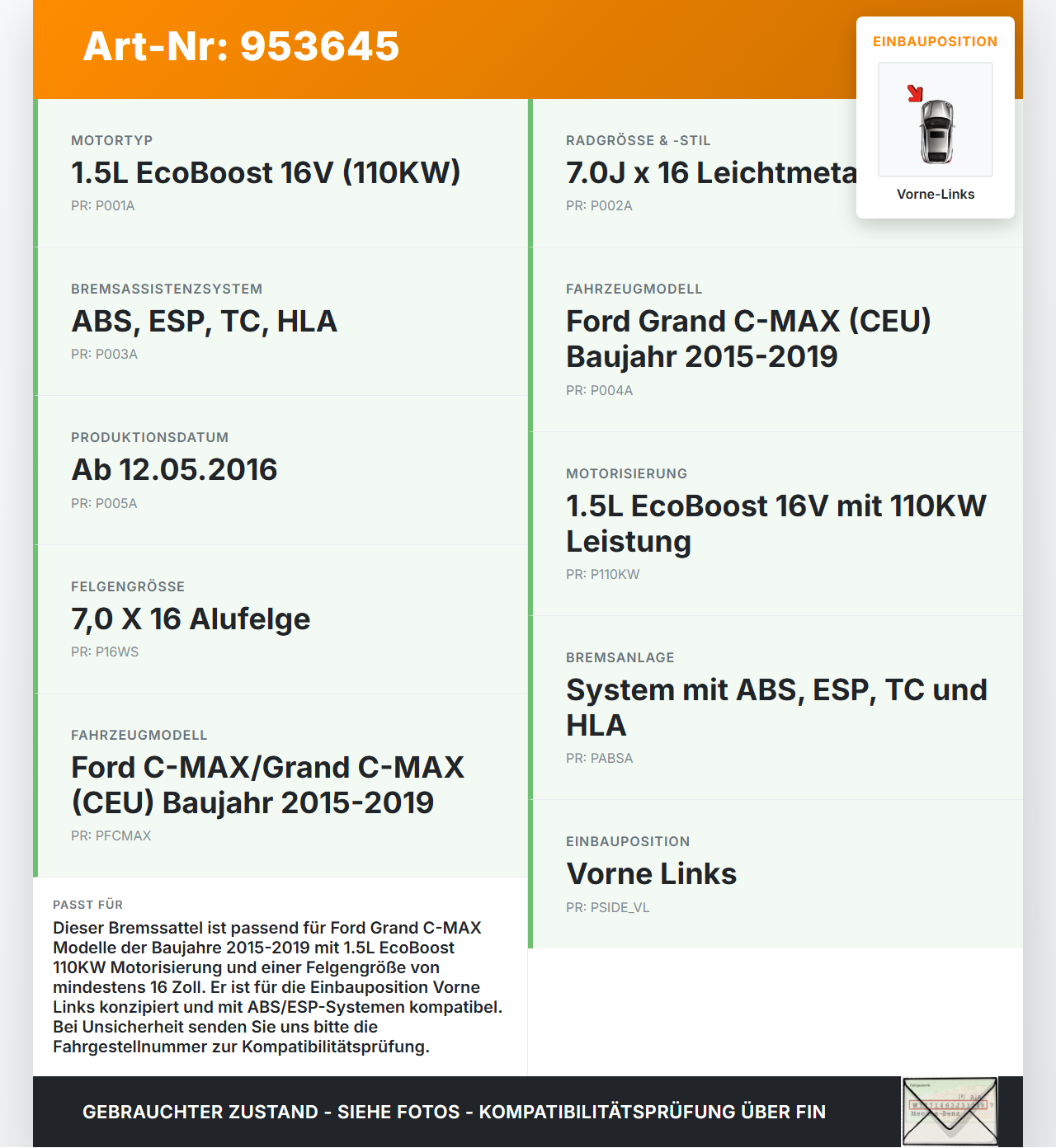 Ford Grand C-MAX 15-19 1,5 110KW Bremssattel Bremszange Vorne Links Ford Grand C-MAX 15-19 27.05.2016 AV61-2B302-AA... Vorschau 3