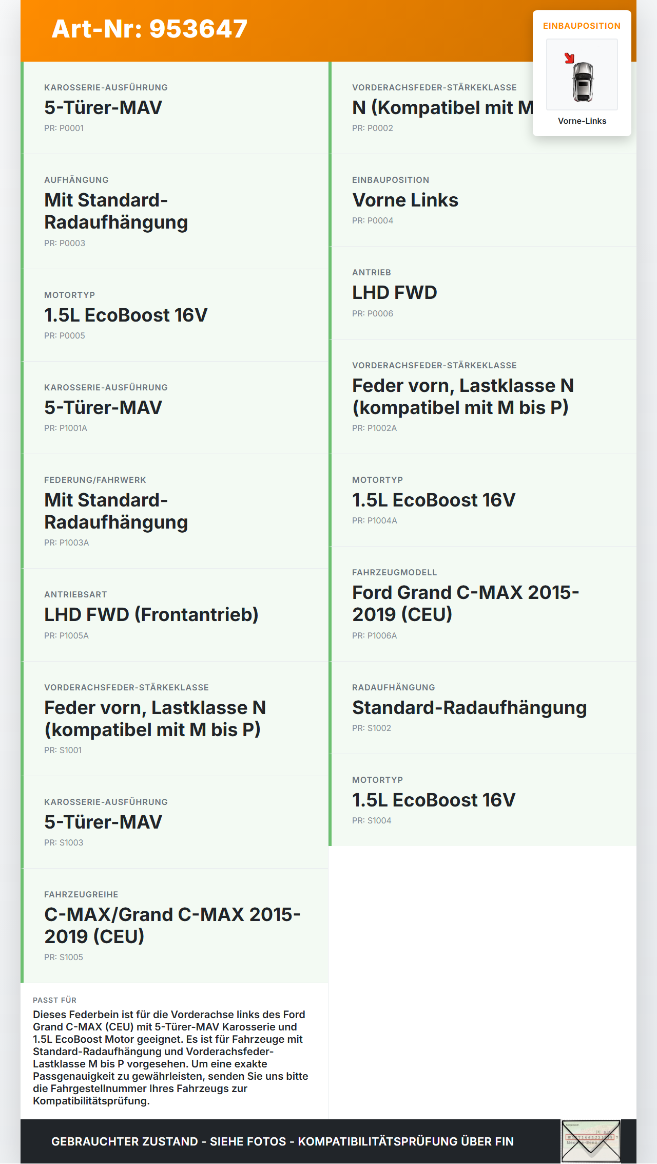 Ford Grand C-MAX 15-19 Grand Federbein Stossdämpfer Vorne Links Ford Grand C-MAX 15-19 27.05.2016 BV61-18K001-KLD... Vorschau 3