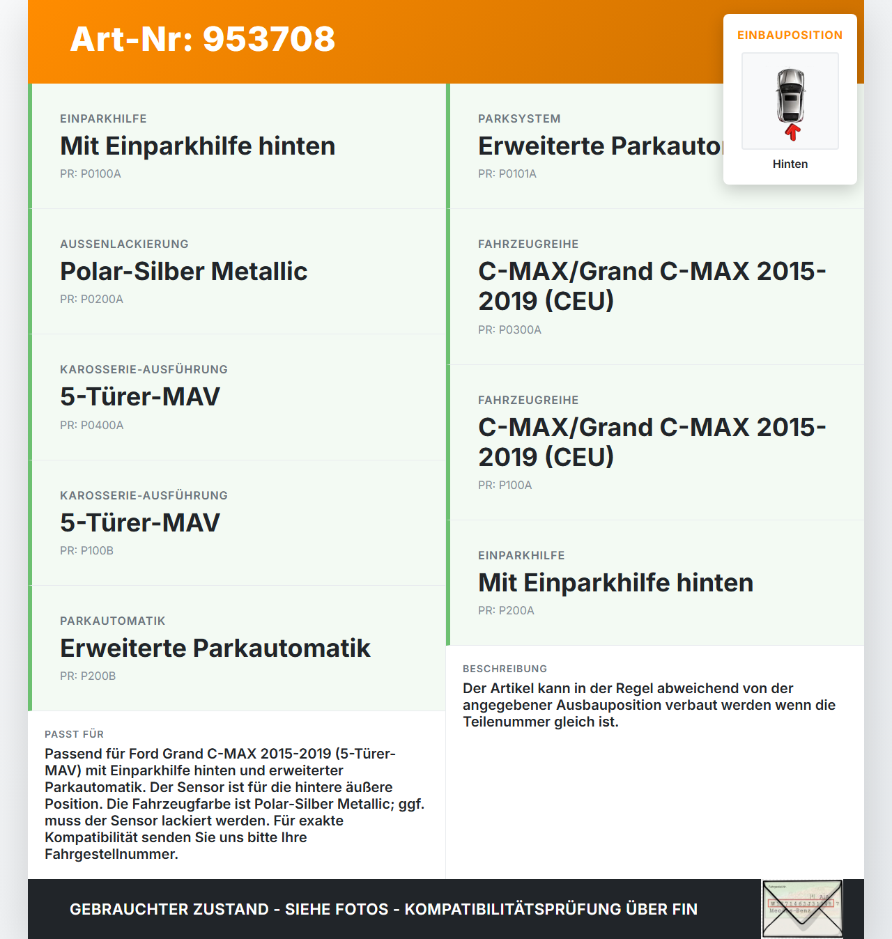 Ford Grand C-MAX 15-19 Abstands Sensor Parksensor PDC Hinten Aussen 61 Ford Grand C-MAX 15-19 27.05.2016... Vorschau 3