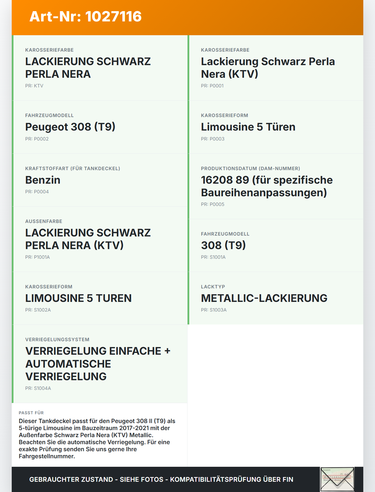 Peugeot 308 II 17-21 Tankdeckel Tankklappe KTV Peugeot 308 II 17-21 06.04.2021 MOU022088 9817500777 48985U-01 gebraucht Vorschau 3