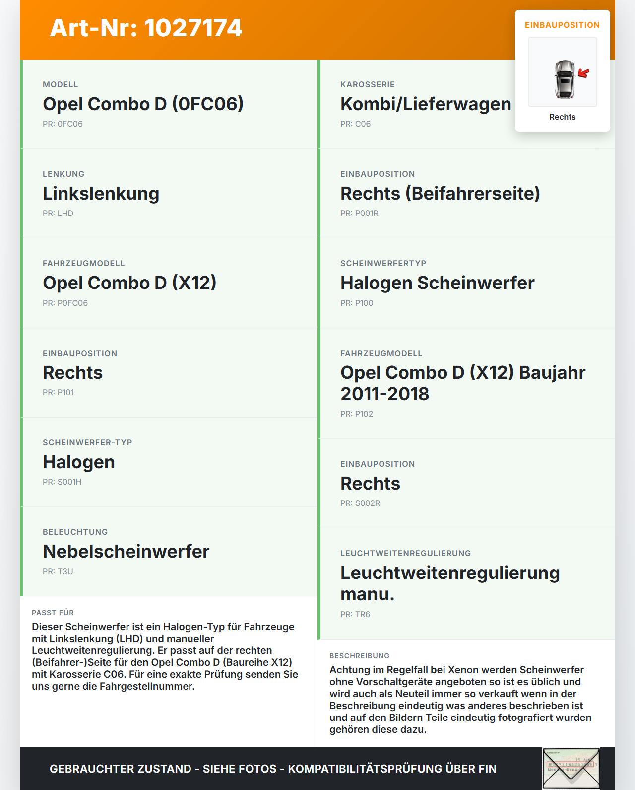 Opel Combo D X12 11-18 Halogen Scheinwerfer Frontscheinwerfer Rechts orig. Opel Combo D X12 11-18 09.04.2018... Vorschau 3