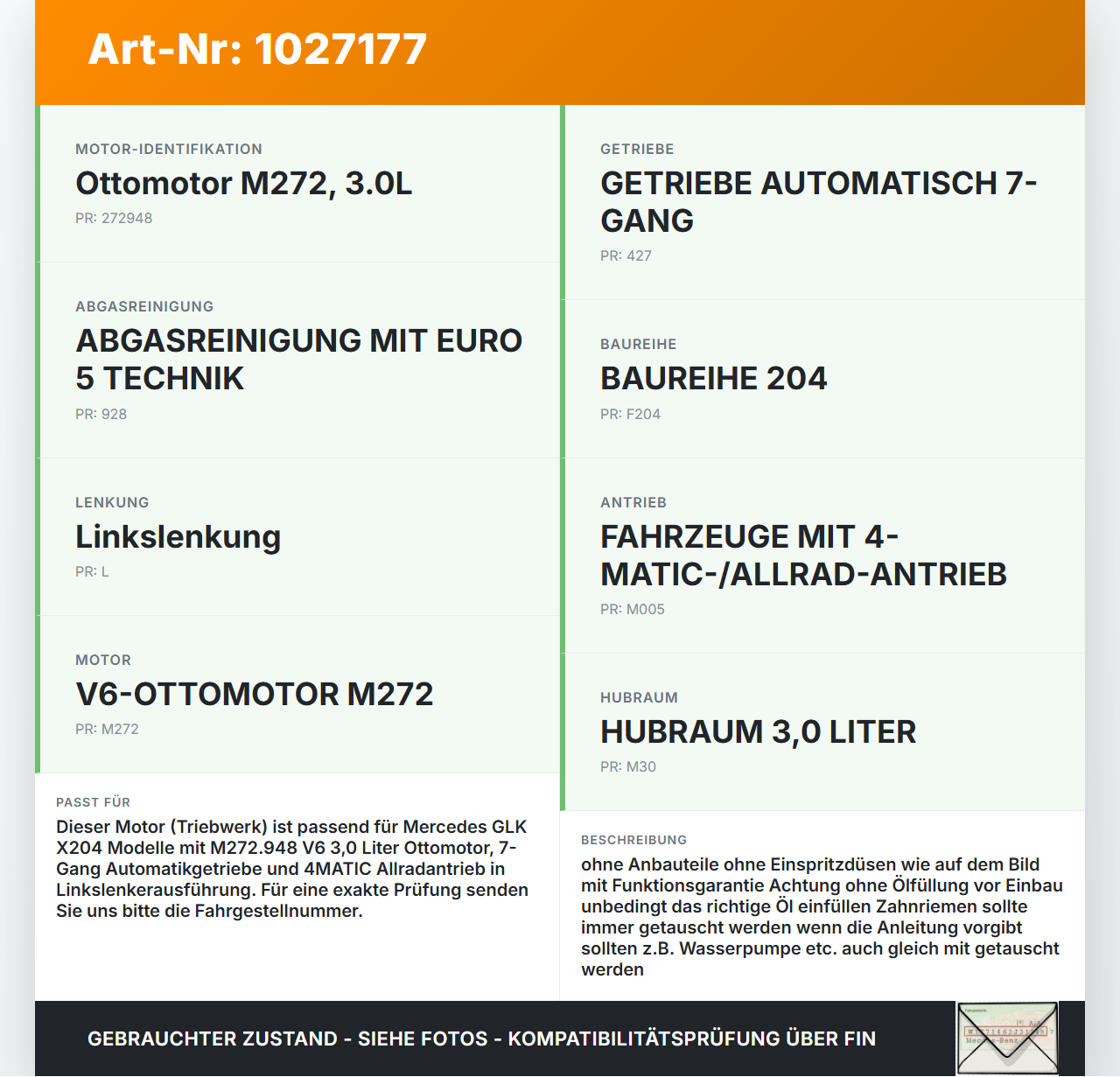 Mercedes GLK 300 X204 08-12 3,0  272.948 Motor Triebwerk Mercedes GLK 300 X204 08-12 30.06.2009 A2720109845 gebraucht Vorschau 3
