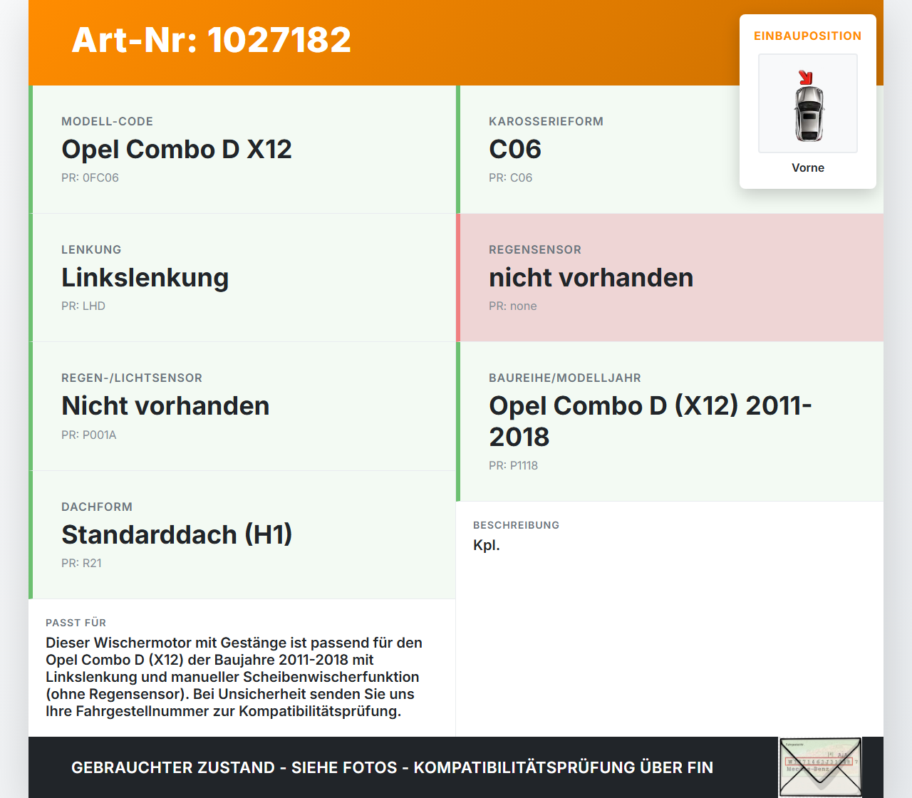 Opel Combo D X12 11-18 Wischermotor m. Wischergestänge Vorne Opel Combo D X12 11-18 09.04.2018 0390241564 51810592... Vorschau 3