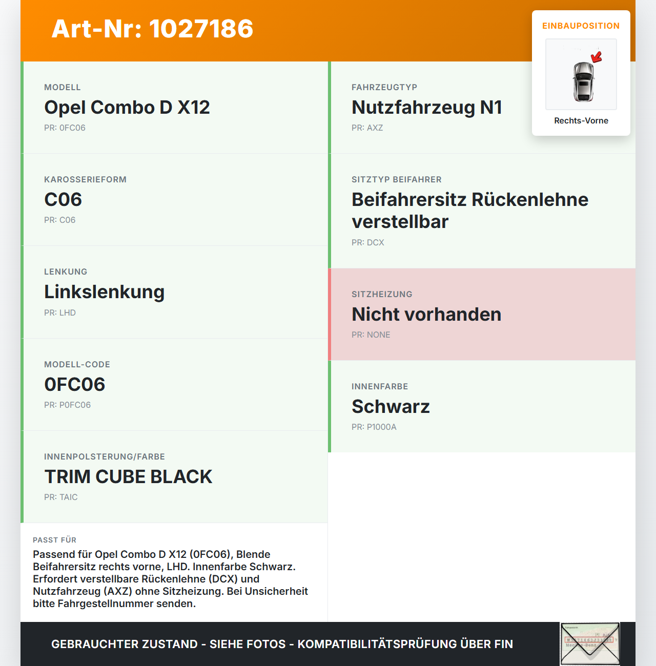 Opel Combo D X12 11-18 Blende Innen Auflage Applikation für Beifahrer Sitz Rechts Vorne Opel Combo D X12 11-18... Vorschau 3