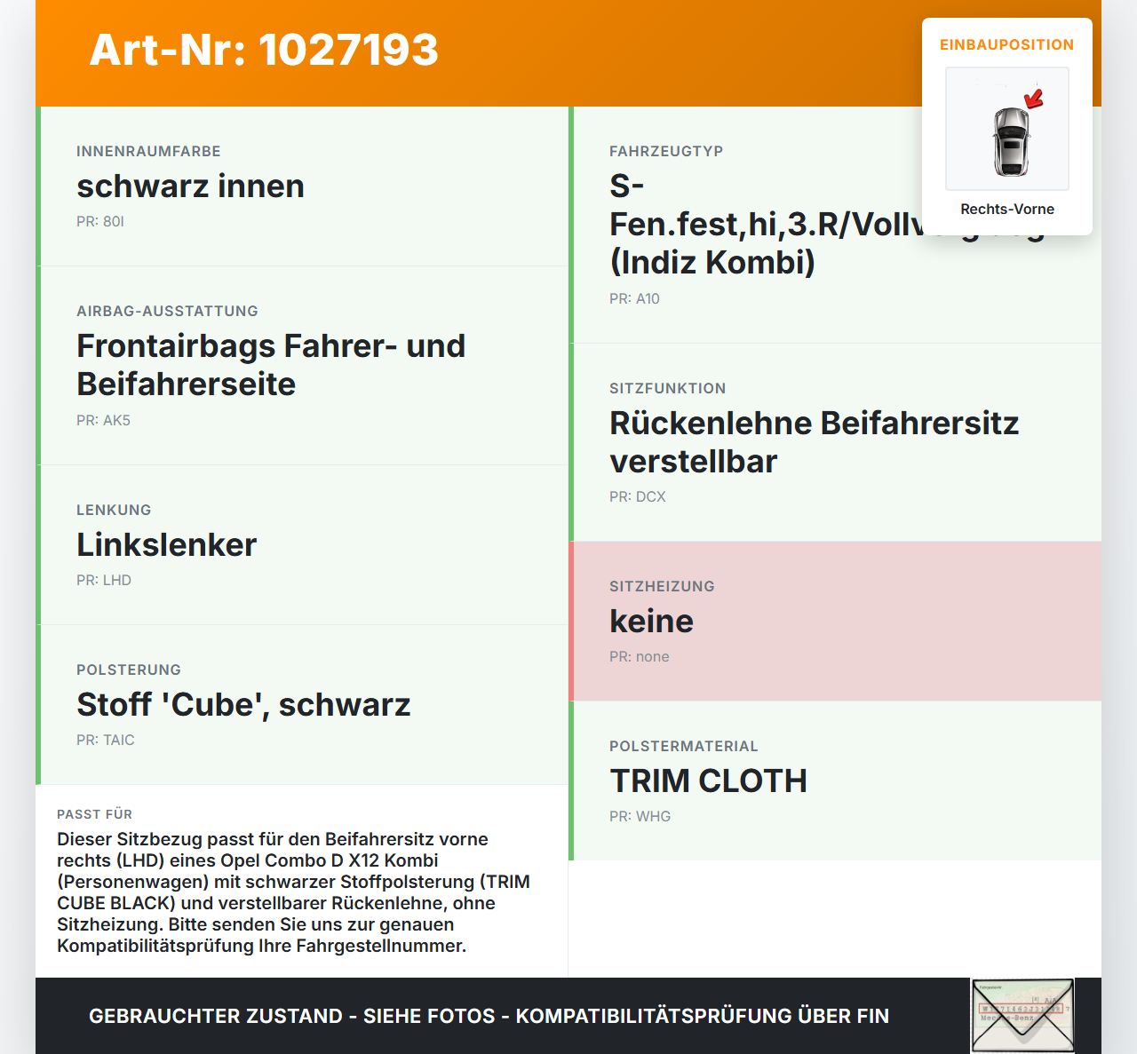 Opel Combo D X12 11-18 Kombi Sitzbezug Rückenpolster für Beifahrersitz Rechts Vorne Opel Combo D X12 11-18... Vorschau 3