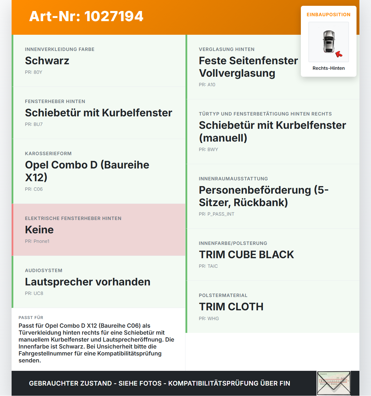 Opel Combo D X12 11-18 Kombi Türverkleidung Türpappe Rechts Hinten Opel Combo D X12 11-18 09.04.2018 735482745 gebraucht Vorschau 3