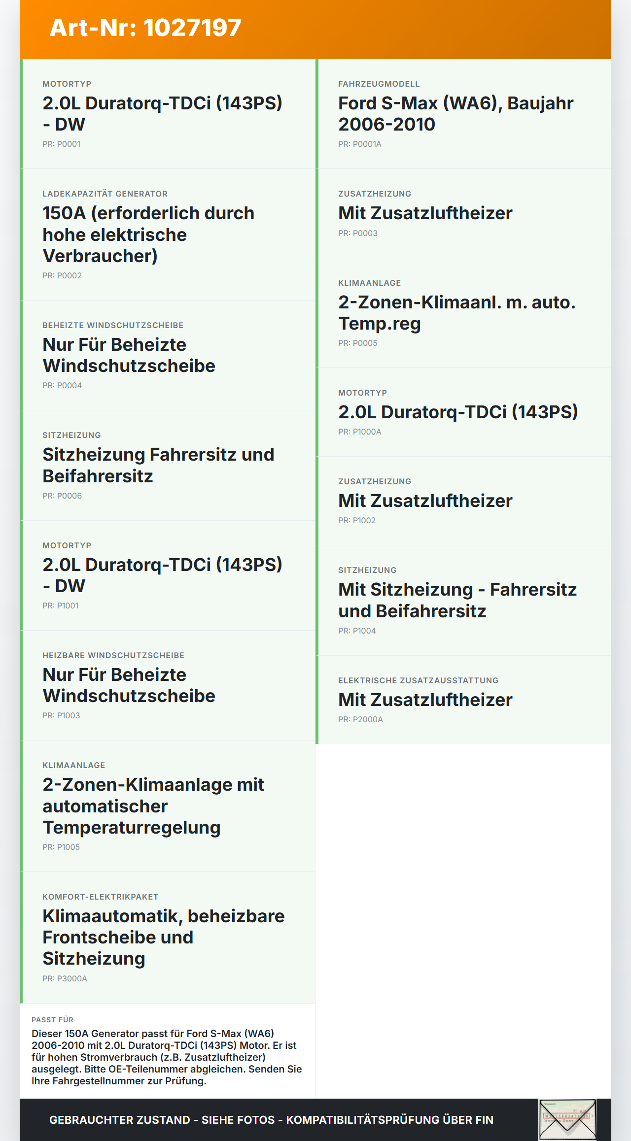 Ford S-Max WA6 06-10 TDCi 2,0 103KW Lichtmaschine Generator 150A Ford S-Max WA6 06-10 27.09.2006 RM6G9N-10300-XC... Vorschau 3