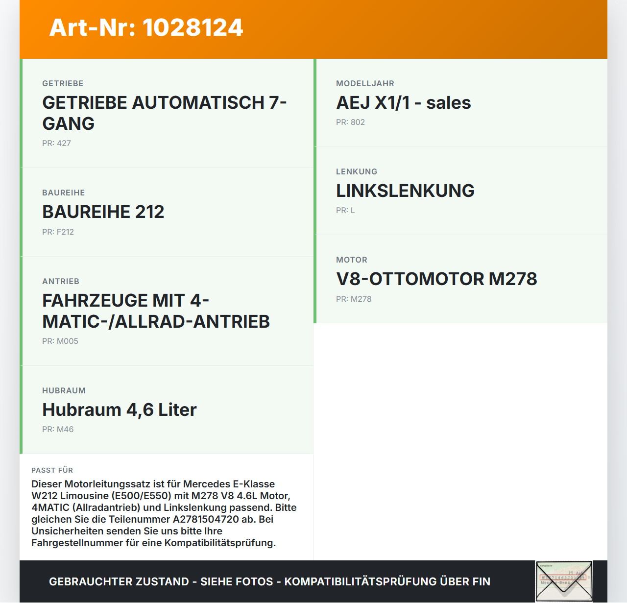 Mercedes E500 W212 09-13 Lim Kabelbaum für Motor Mercedes E500 W212 09-13 06.12.2011 A2781504720 gebraucht Vorschau 3