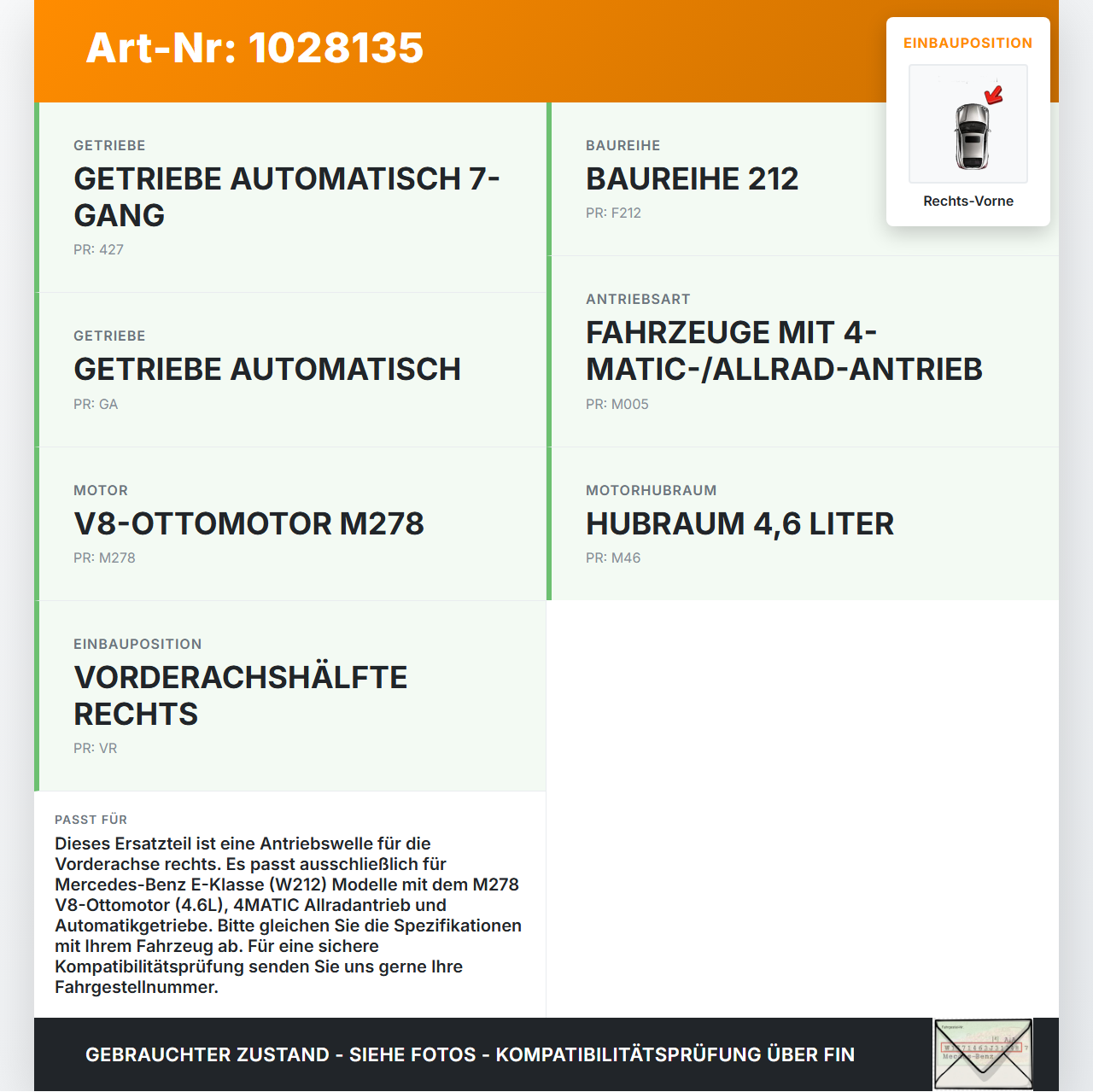 Mercedes E500 W212 09-13 4,7 300KW Autom 4WD Antriebswelle Gelenkwelle Rechts Vorne Mercedes E500 W212 09-13... Vorschau 3