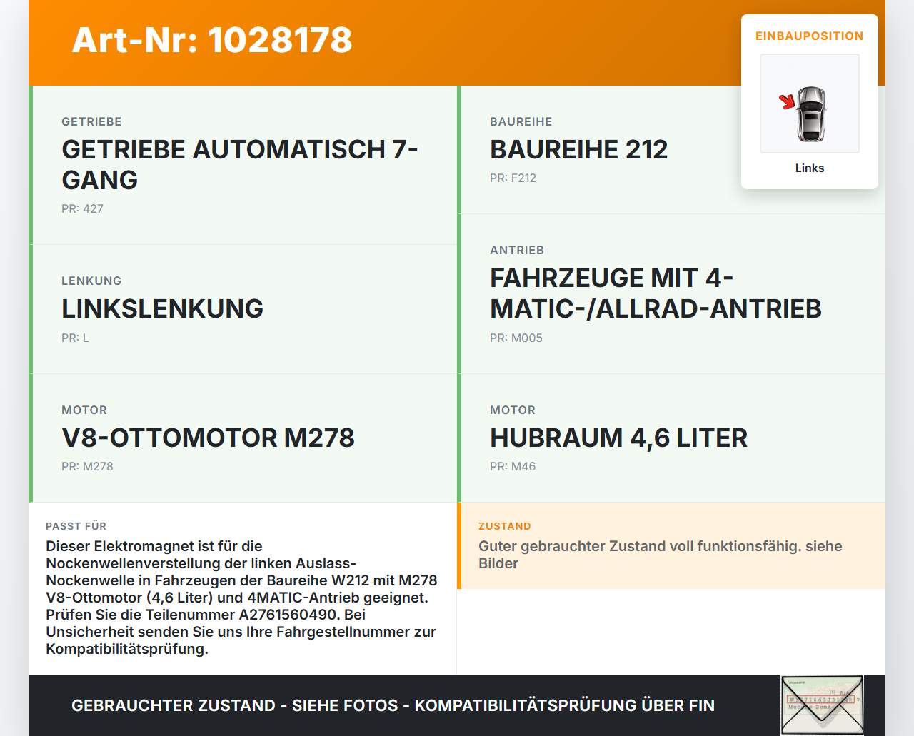 Mercedes E500 W212 09-13 4,7 300KW 278922 Nockenwellenverstellung Elektromagnet für Nockenwelle Links Auslass... Vorschau 3