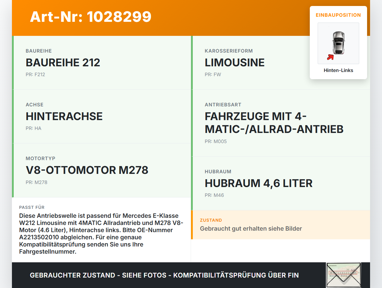 Mercedes E500 W212 09-13 Lim 4,7 300KW 4WD Antriebswelle Gelenkwelle Hinten Links Mercedes E500 W212 09-13... Vorschau 3