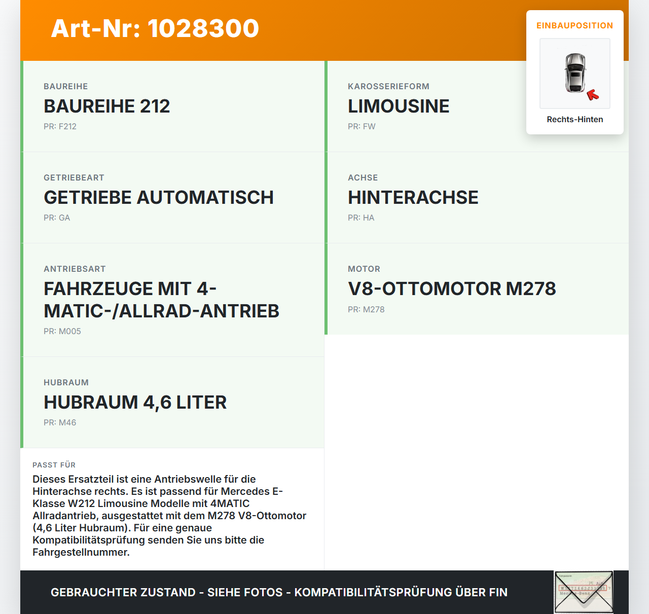Mercedes E500 W212 09-13 Lim 4,7 300KW 4WD Antriebswelle Gelenkwelle Rechts Hinten Mercedes E500 W212 09-13... Vorschau 3