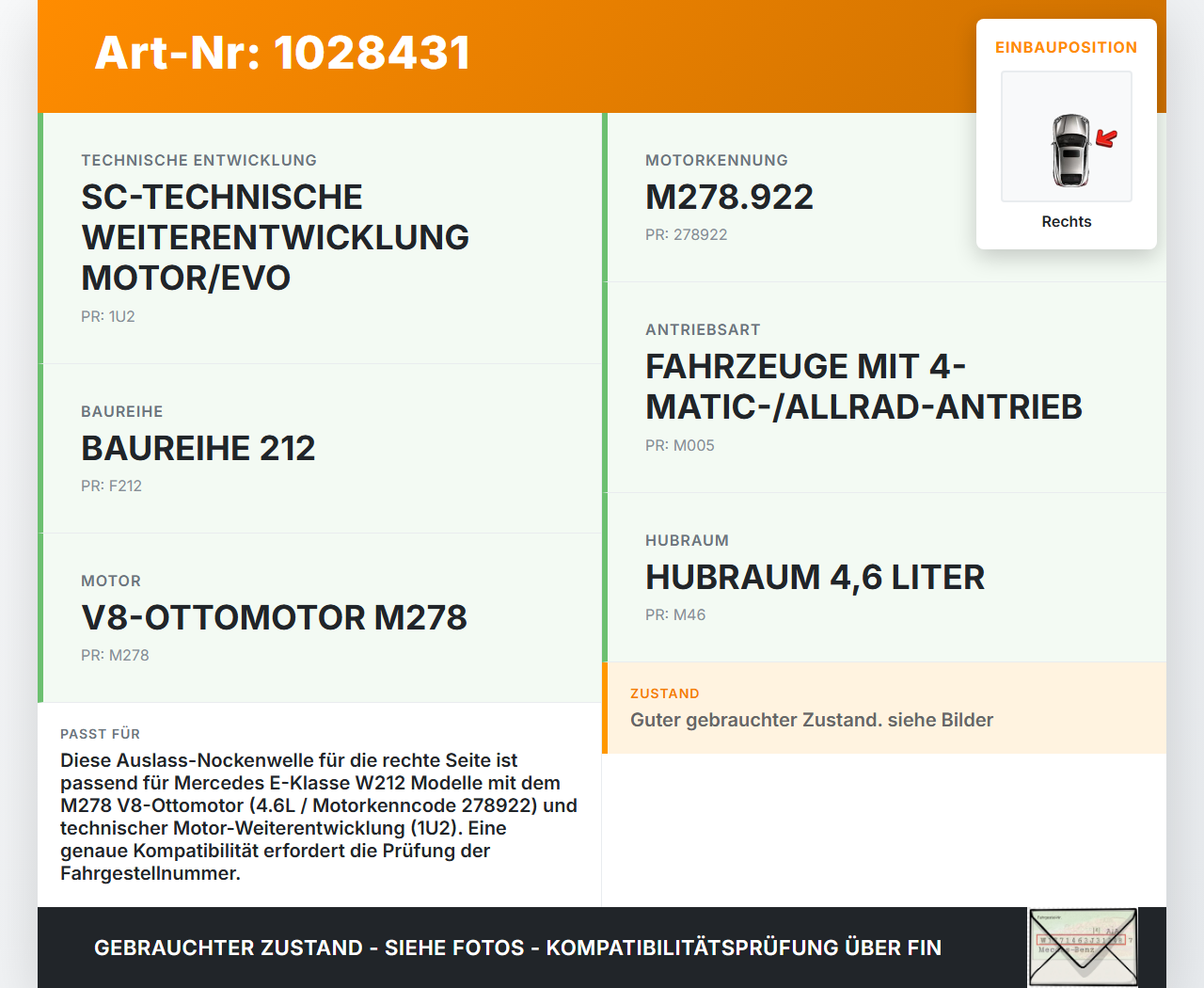 Mercedes E500 W212 09-13 4,7 300KW 278922 Nockenwelle Auslass Rechts Mercedes E500 W212 09-13 06.12.2011 gebraucht Vorschau 3