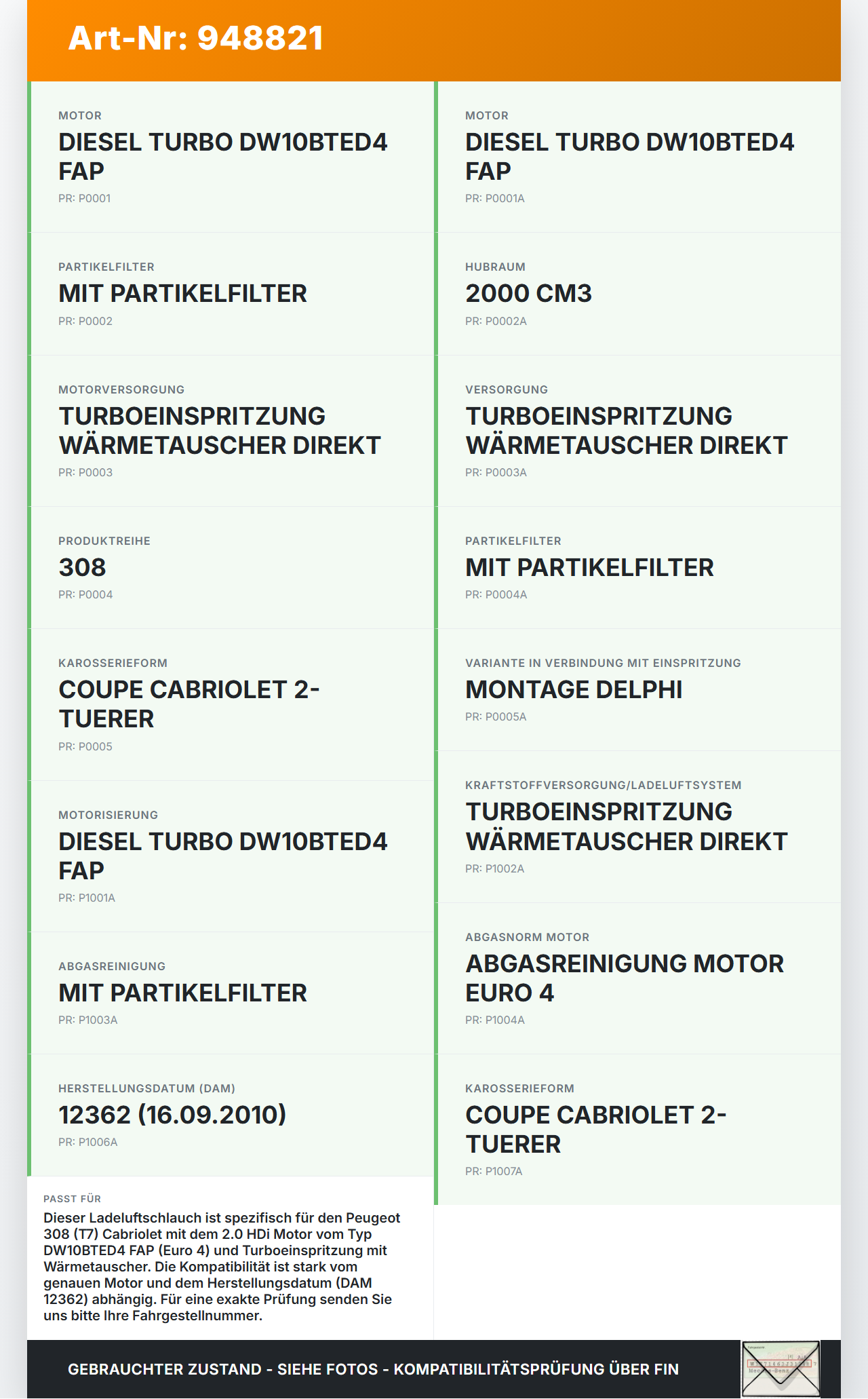 Peugeot 308 I CC T7 07-11 HDi 2,0 103KW Turboschlauch Ladeluftschlauch Schlauch Peugeot 308 I CC T7 07-11... Vorschau 3