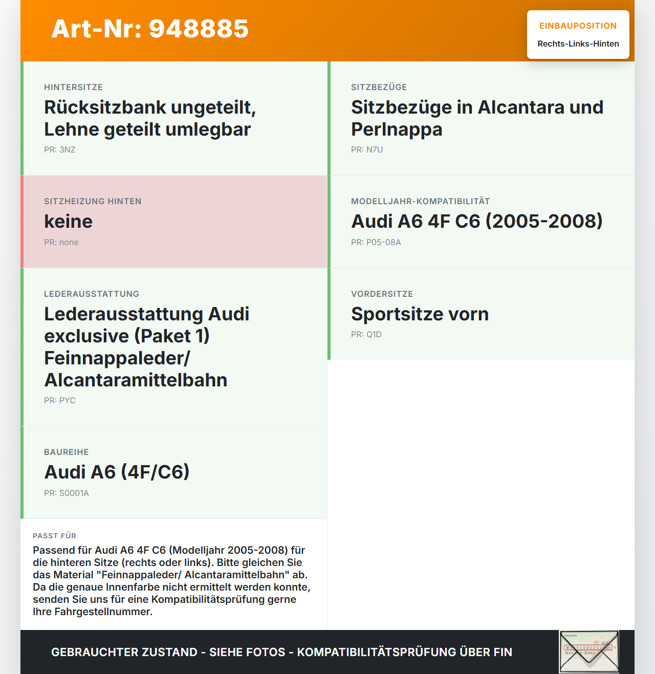 Audi A6 4F C6 05-08 Kopfstütze Rechts oder Links Hinten Audi A6 4F C6 05-08 11.01.2005 4F0885973B gebraucht Vorschau 3