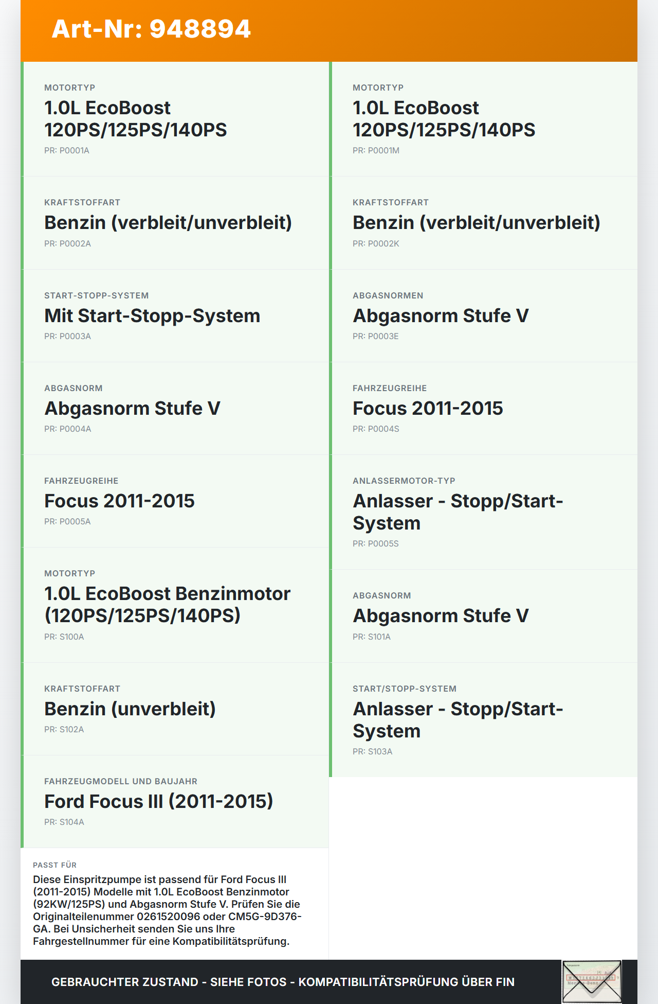 Ford Focus III 11-15 1,0 92KW Einspritzpumpe Hochdruckpumpe Benzinpumpe Ford Focus III 11-15 04.04.2014 0261520096... Vorschau 3