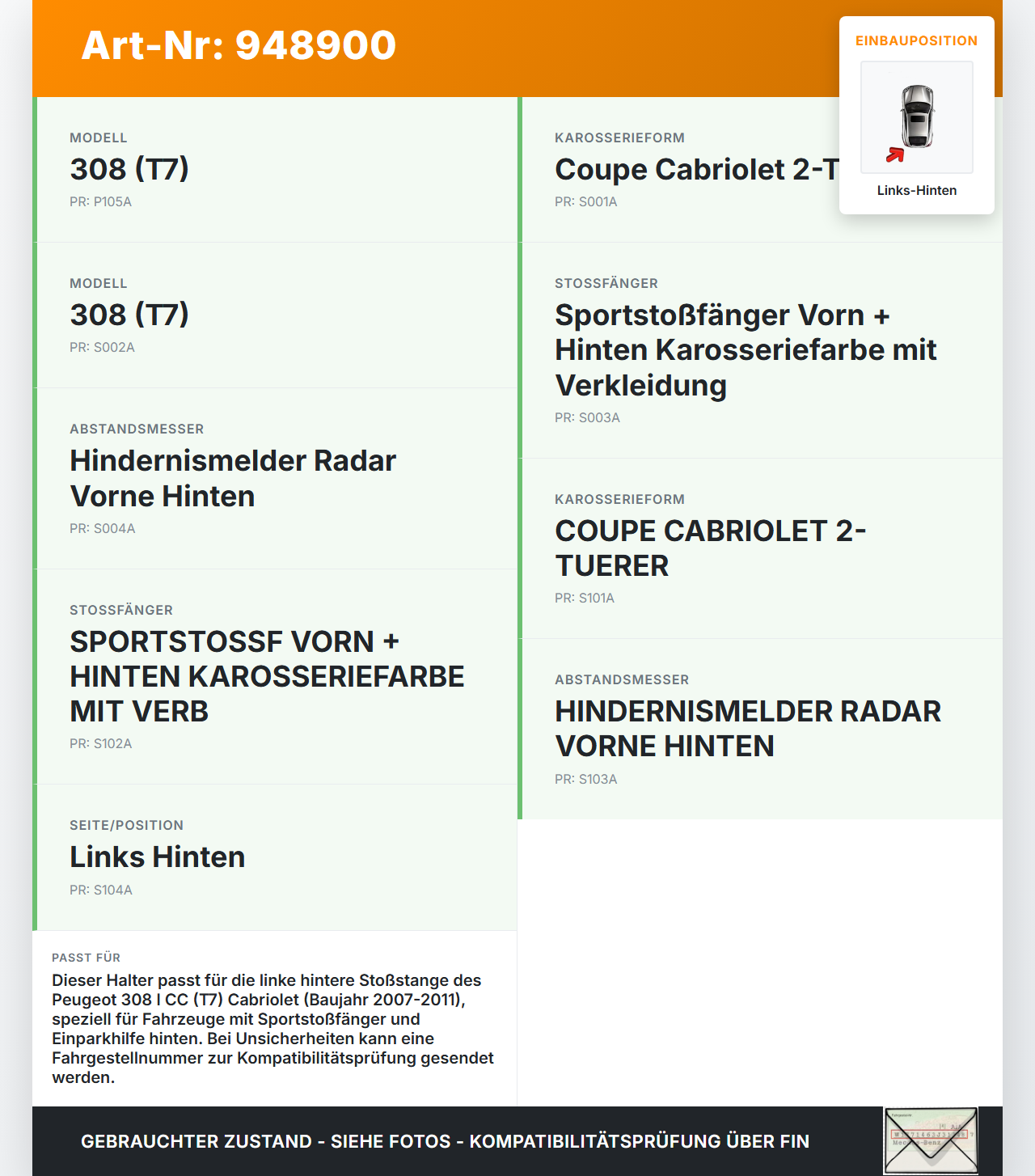 Peugeot 308 I CC T7 07-11 Cabriolet Halter Träger Aufnahme Führung für Stoßstange Links Hinten Peugeot 308 I CC T7... Vorschau 3