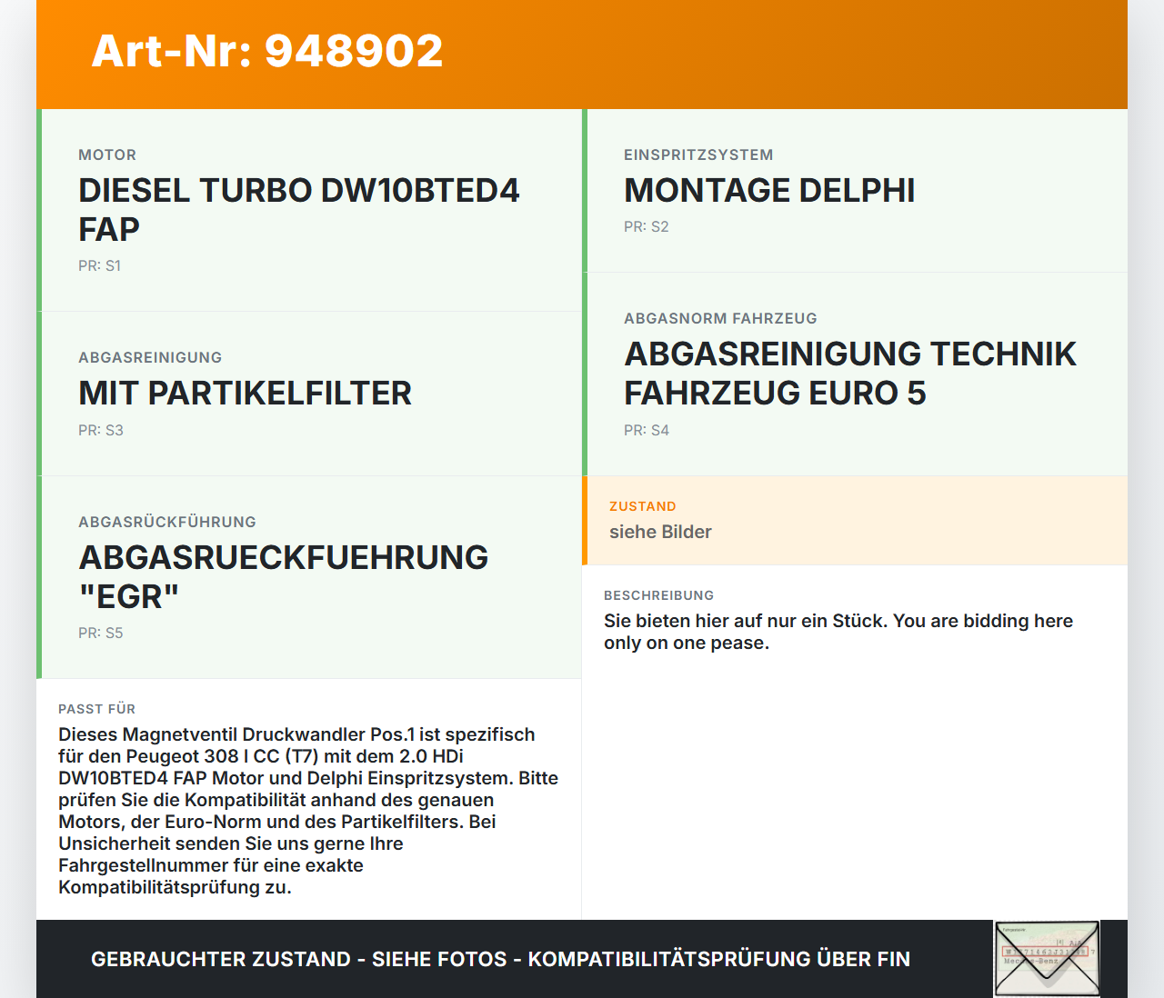 Peugeot 308 I CC T7 07-11 HDi 2,0 103KW Magnetventil Druckwandler Pos.1 Peugeot 308 I CC T7 07-11 29.09.2010 gebraucht Vorschau 3