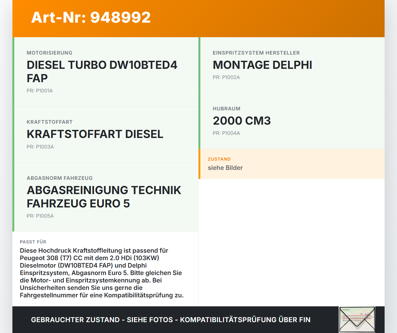 Peugeot 308 I CC T7 07-11 HDi 2,0 103KW Hochdruck Leitung Kraftstoffleitung Peugeot 308 I CC T7 07-11 29.09.2010... Vorschau 3
