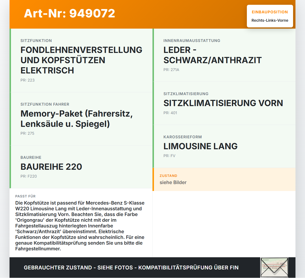 Mercedes S-Kl. W220 S350 02-05 Lang Leder Kopfstütze für Beifahrer Sitz Rechts oder Links Vorne Origongrau Mercedes... Vorschau 3