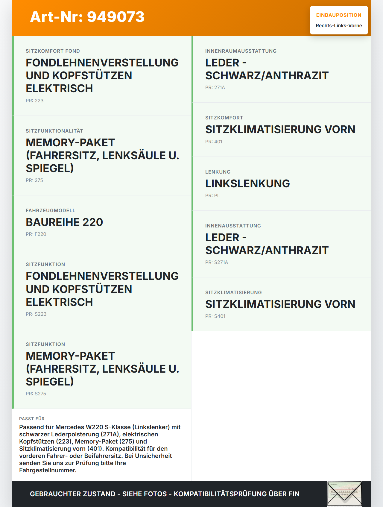 Mercedes S-Kl. W220 S350 02-05 Leder Kopfstütze für Fahrer Sitz Rechts oder Links Vorne Mercedes S-Kl. W220 S350... Vorschau 3