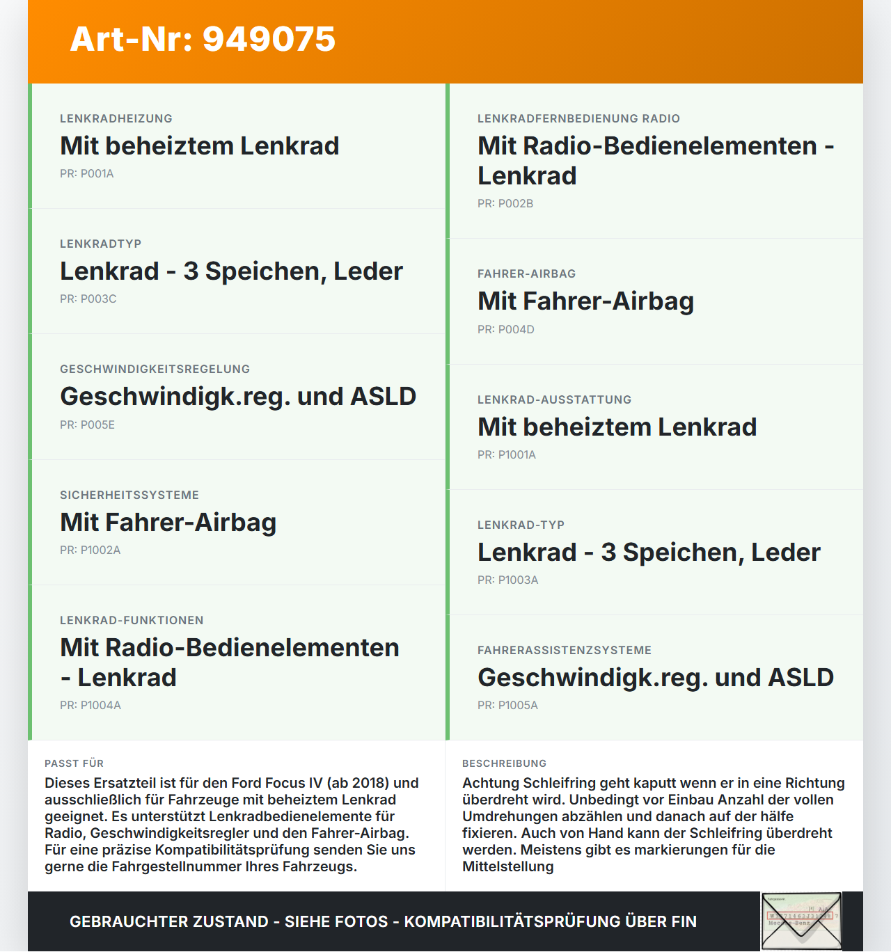 Ford Focus IV 4 HP 18-22 Airbag Schleifring Wickelfeder Ford Focus IV 4 HP 18-22 12.08.2019 H1BT-14A664-AB 2113279... Vorschau 3