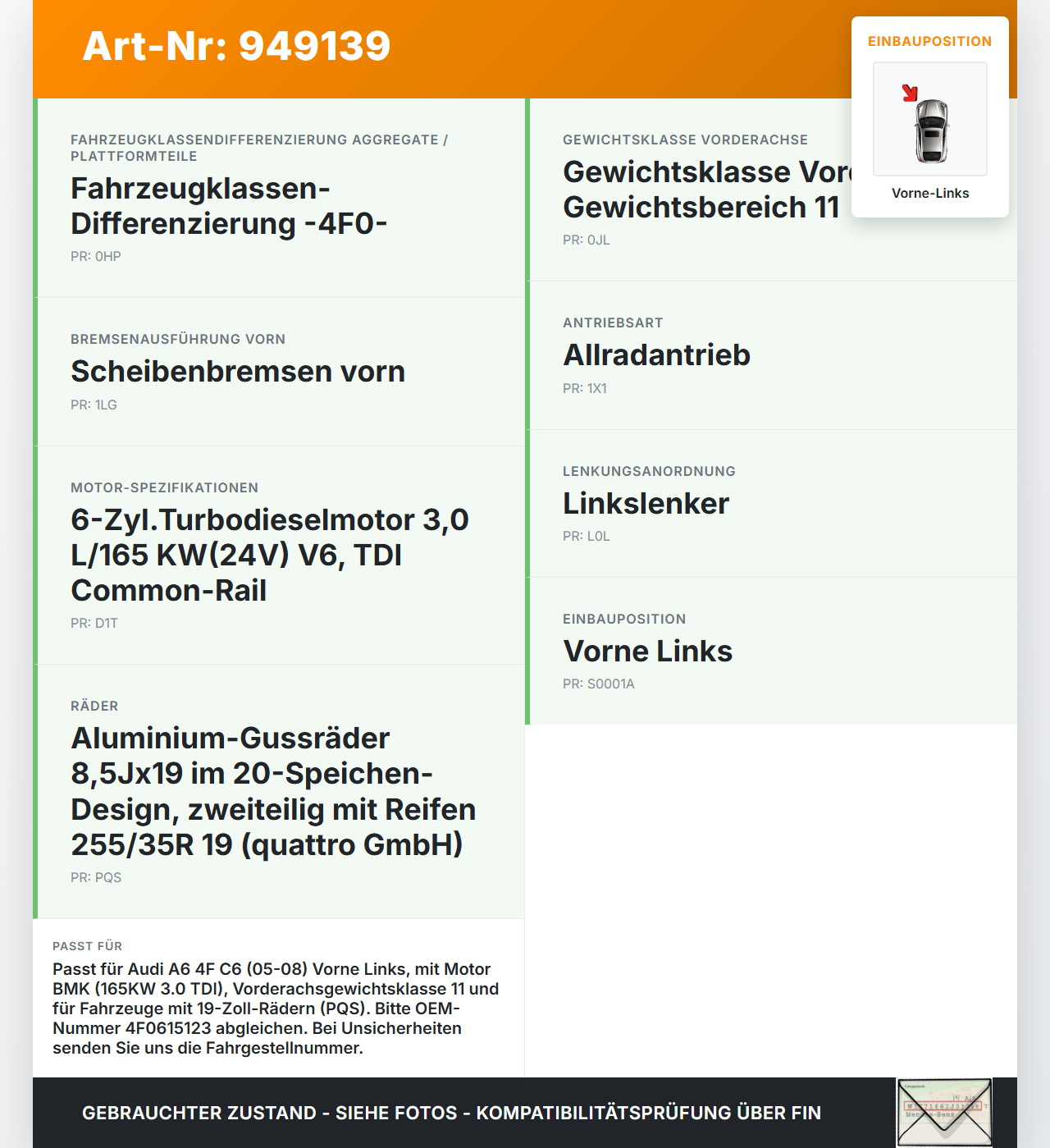 Audi A6 4F C6 05-08 TDI 3,0 165KW Bremssattel Bremszange Vorne Links Audi A6 4F C6 05-08 11.01.2005 4F0615123 gebraucht Vorschau 3