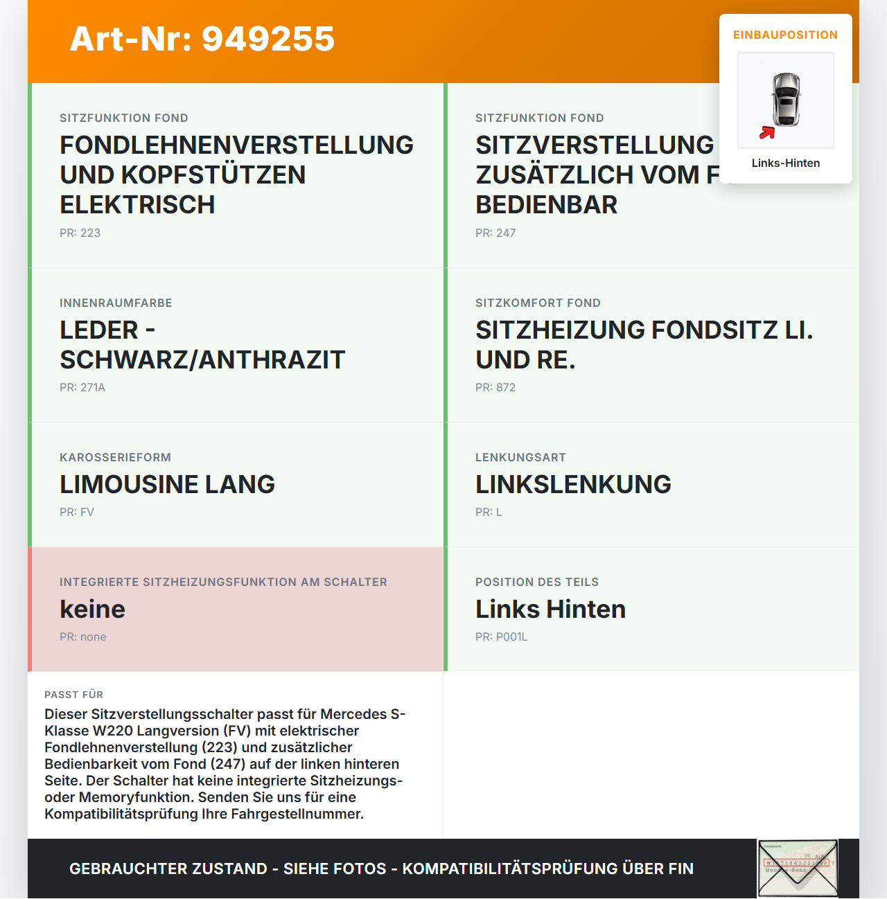 Mercedes S-Kl. W220 S350 02-05 Sitzverstellung Schalter Links Hinten Mercedes S-Kl. W220 S350 02-05 01.03.2004... Vorschau 3