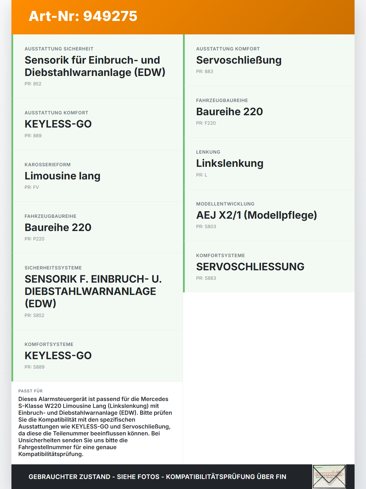 Mercedes S-Kl. W220 S350 02-05 Alarm Steuergerät für Alarmanlage Mercedes S-Kl. W220 S350 02-05 01.03.2004 AU-84TA... Vorschau 3