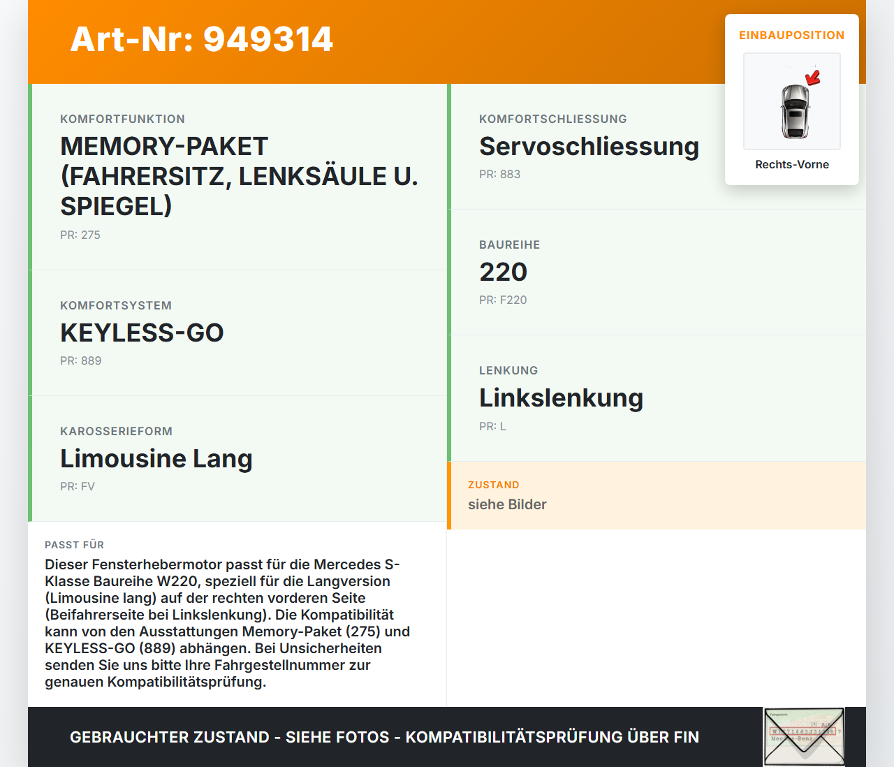 Mercedes S-Kl. W220 S350 02-05 Lang Fensterhebermotor Rechts Vorne Mercedes S-Kl. W220 S350 02-05 01.03.2004... Vorschau 3