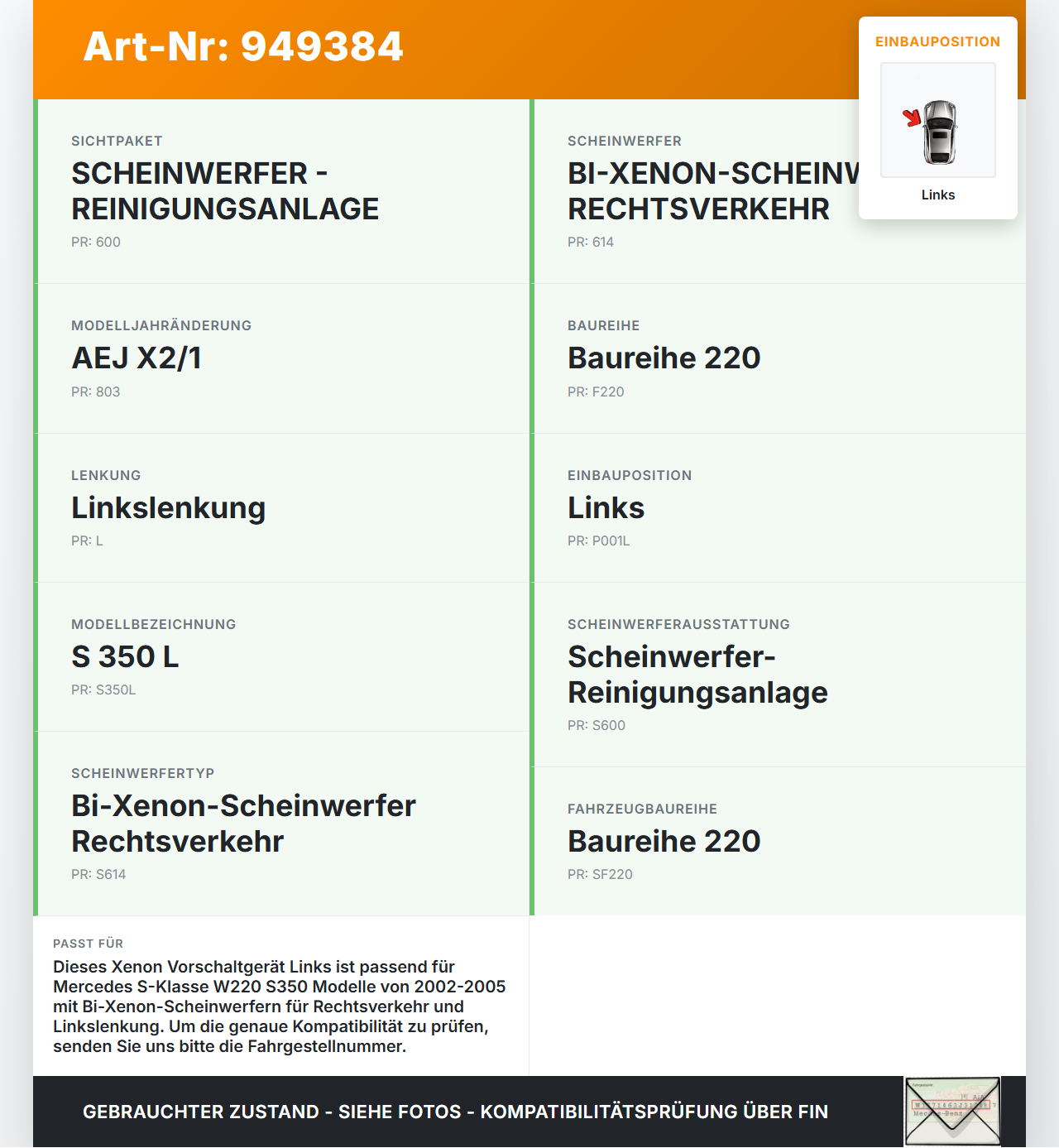 Mercedes S-Kl. W220 S350 02-05 Xenon Vorschaltgerät Links Mercedes S-Kl. W220 S350 02-05 01.03.2004 A2208203785... Vorschau 3