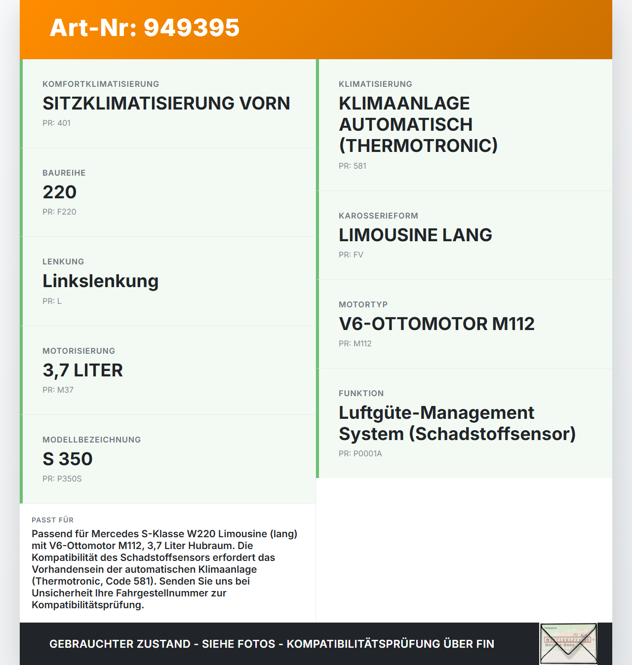 Mercedes S-Kl. W220 S350 02-05 3,7i 180KW Schadstoffsensor Sensor Orig. Paragon Mercedes S-Kl. W220 S350 02-05... Vorschau 3