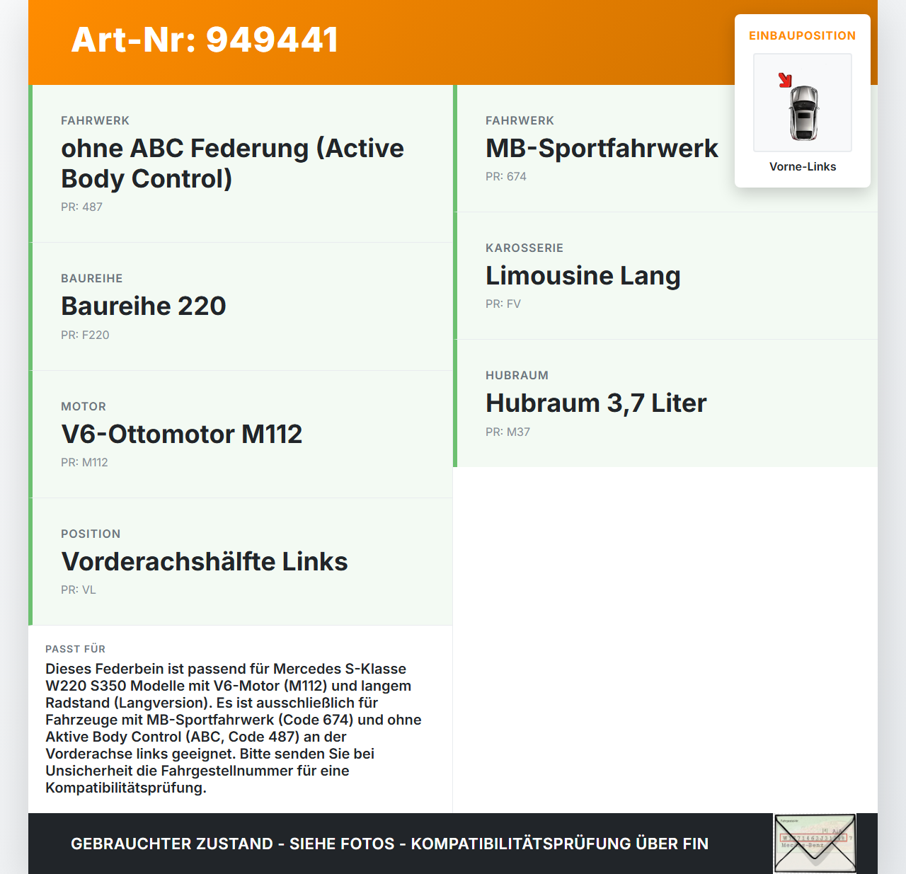 Mercedes S-Kl. W220 S350 02-05 Lang Federbein Stossdämpfer Vorne Links Mercedes S-Kl. W220 S350 02-05 01.03.2004... Vorschau 3