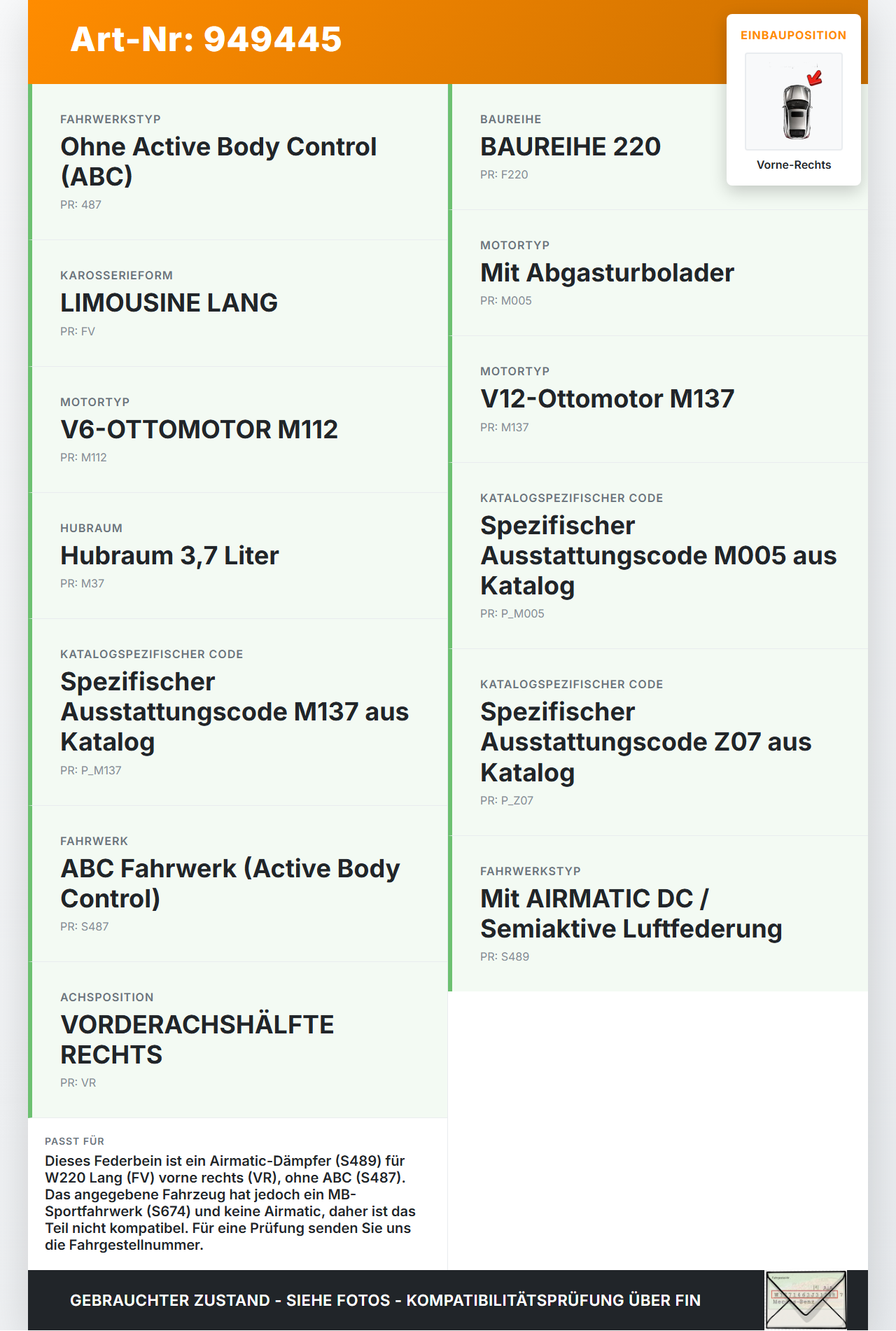 Mercedes S-Kl. W220 S350 02-05 Lang Federbein Stossdämpfer Vorne Rechts Mercedes S-Kl. W220 S350 02-05 01.03.2004... Vorschau 3