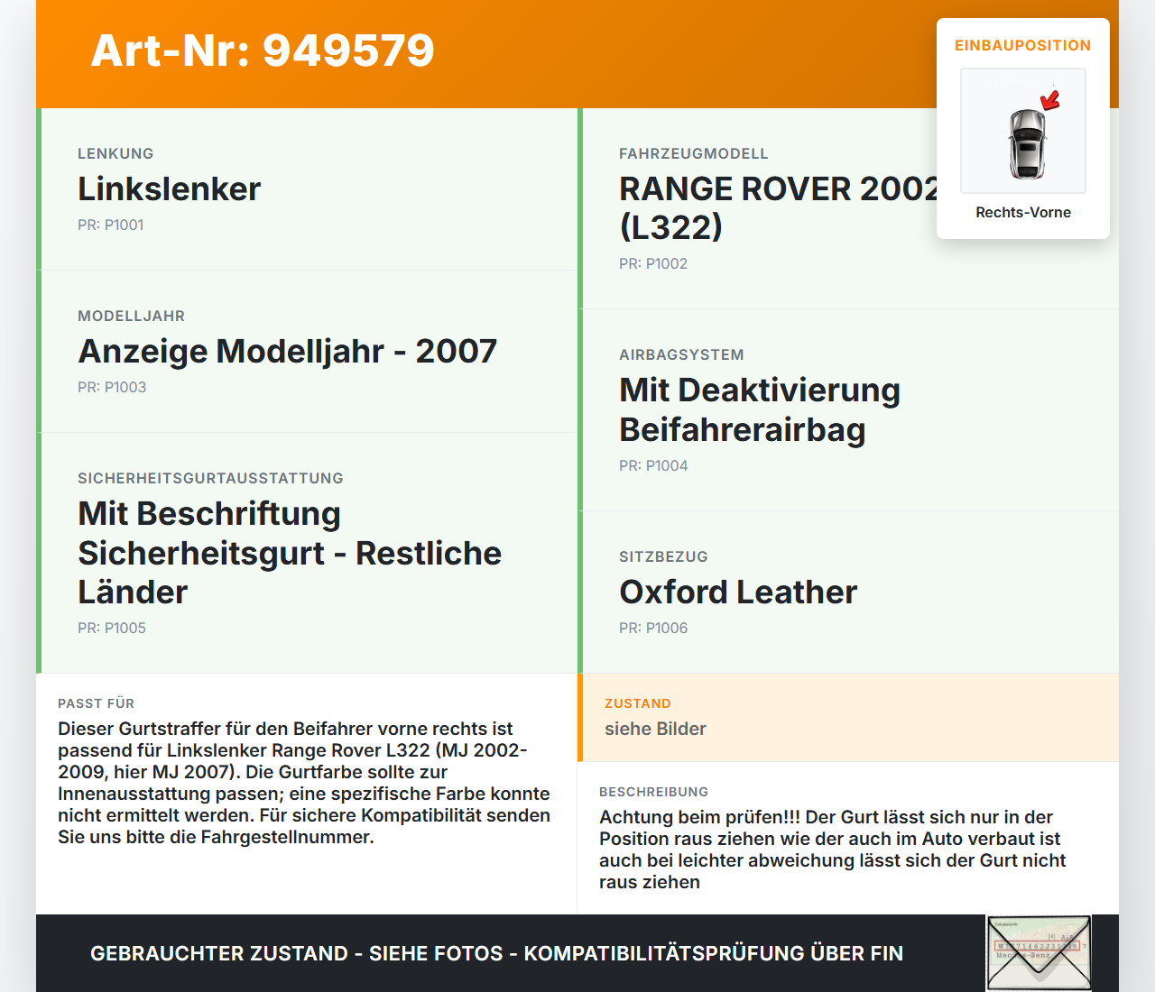 Land Range Rover L322 05-09 Gurt Sicherheitsgurt Gurtstraffer für Beifahrer Rechts Vorne Land Range Rover L322... Vorschau 3