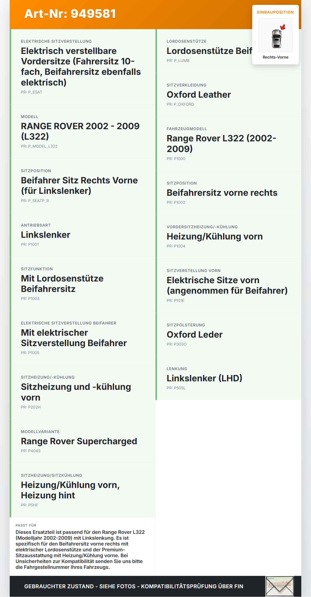 Land Range Rover L322 05-09 4,2 291KW Lordosenkissen Lordosenpumpe für Beifahrer Sitz Rechts Vorne Land Range Rover... Vorschau 3