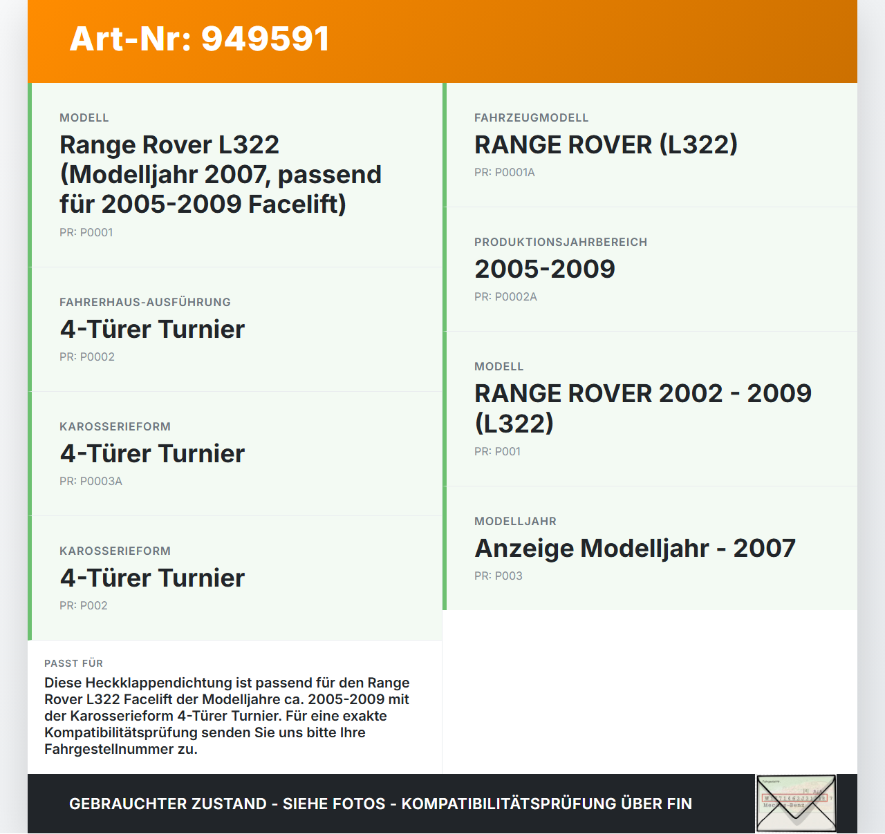 Land Range Rover L322 05-09 Dichtung Rahmen für Heckklappe Kofferraum Land Range Rover L322 05-09 20.09.2006 gebraucht Vorschau 3