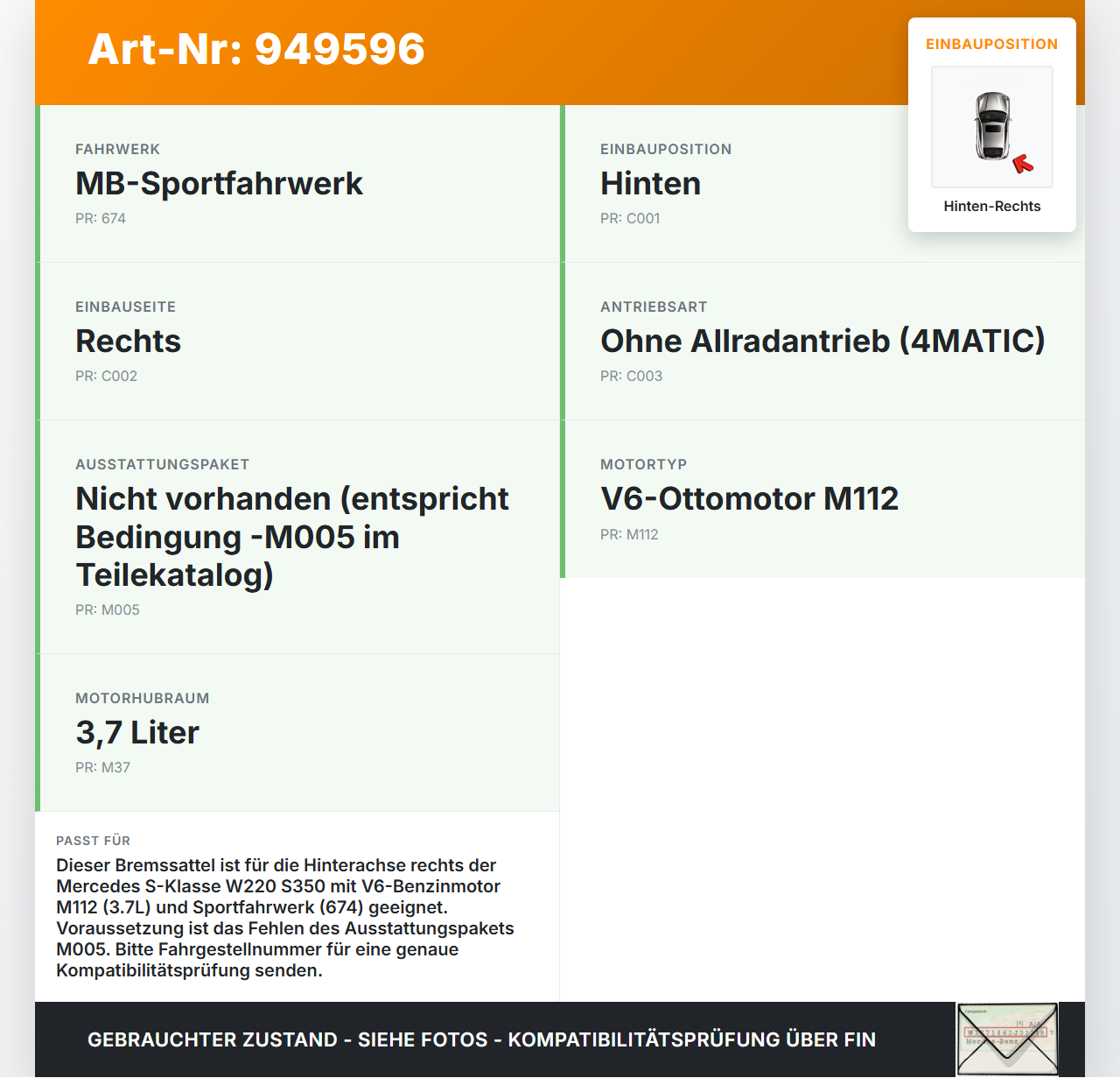 Mercedes S-Kl. W220 S350 02-05 3,7i 180KW Bremssattel Bremszange Hinten Rechts Mercedes S-Kl. W220 S350 02-05... Vorschau 3