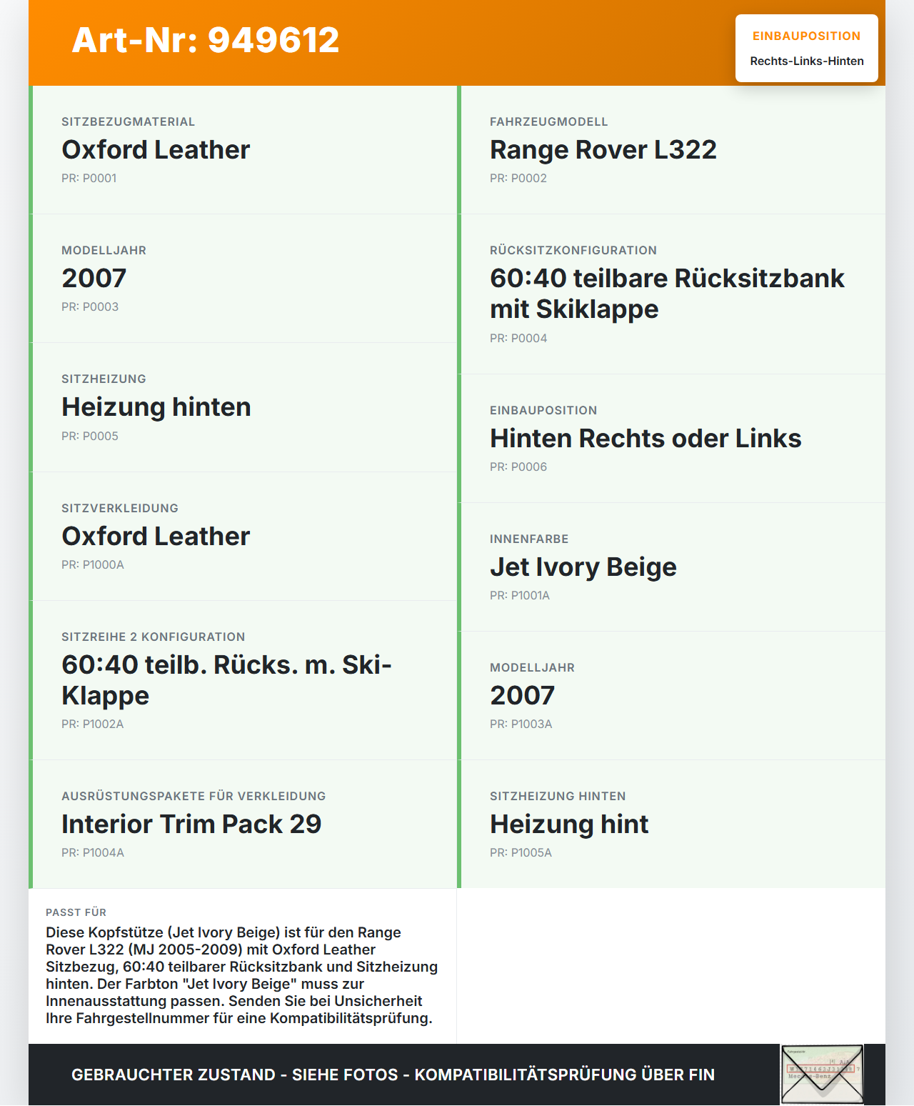 Land Range Rover L322 05-09 Kopfstütze Rechts oder Links Hinten Jet Ivory Beige Land Range Rover L322 05-09... Vorschau 3