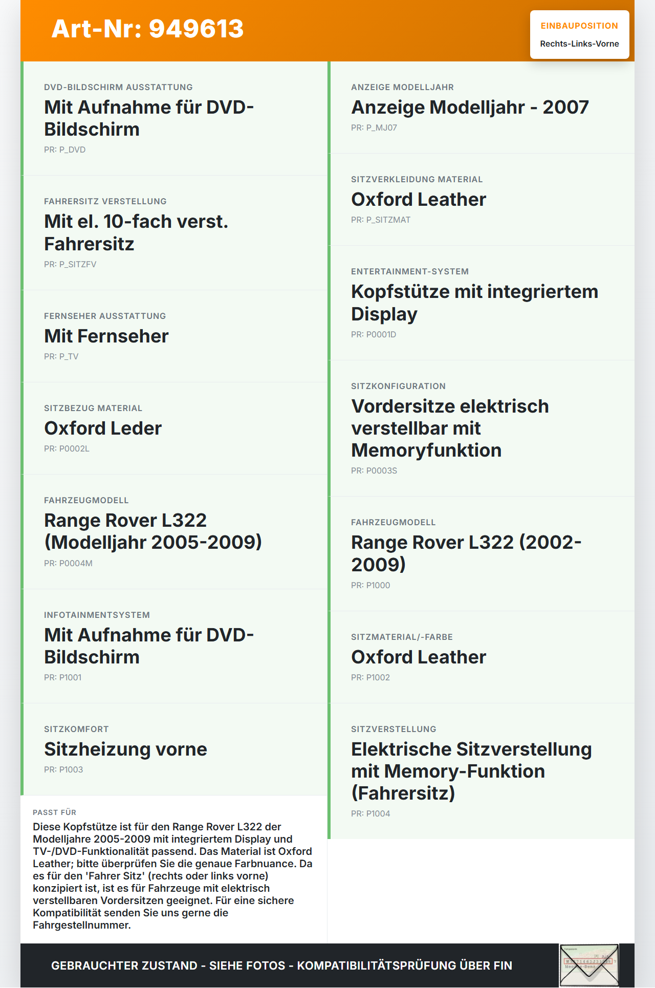 Land Range Rover L322 05-09 Kopfstütze für Fahrer Sitz Rechts oder Links Vorne mit Display Land Range Rover L322... Vorschau 3