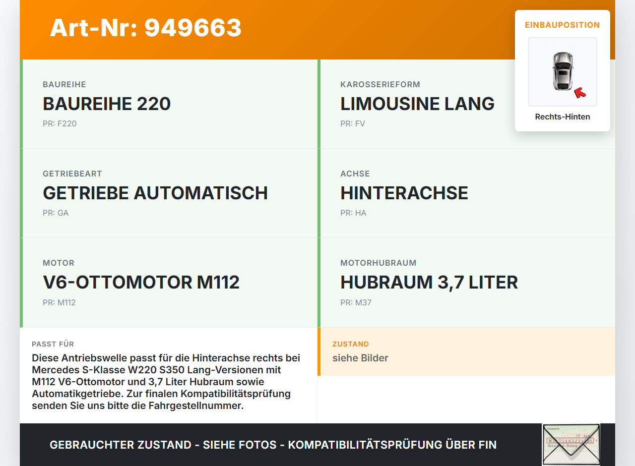 Mercedes S-Kl. W220 S350 02-05 Lang 3,7i 180KW Antriebswelle Gelenkwelle Rechts Hinten Mercedes S-Kl. W220 S350... Vorschau 3