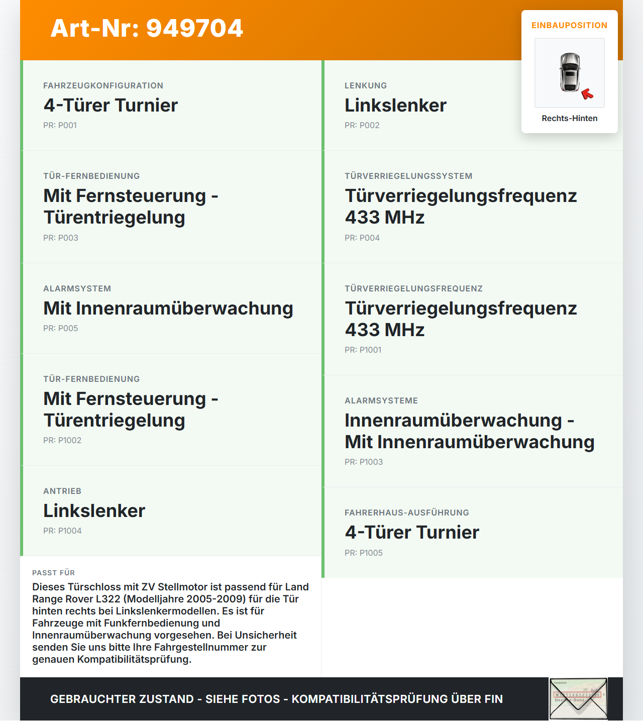 Land Range Rover L322 05-09 Türschloss m. ZV Stellmotor Rechts Hinten Land Range Rover L322 05-09 20.09.2006... Vorschau 3