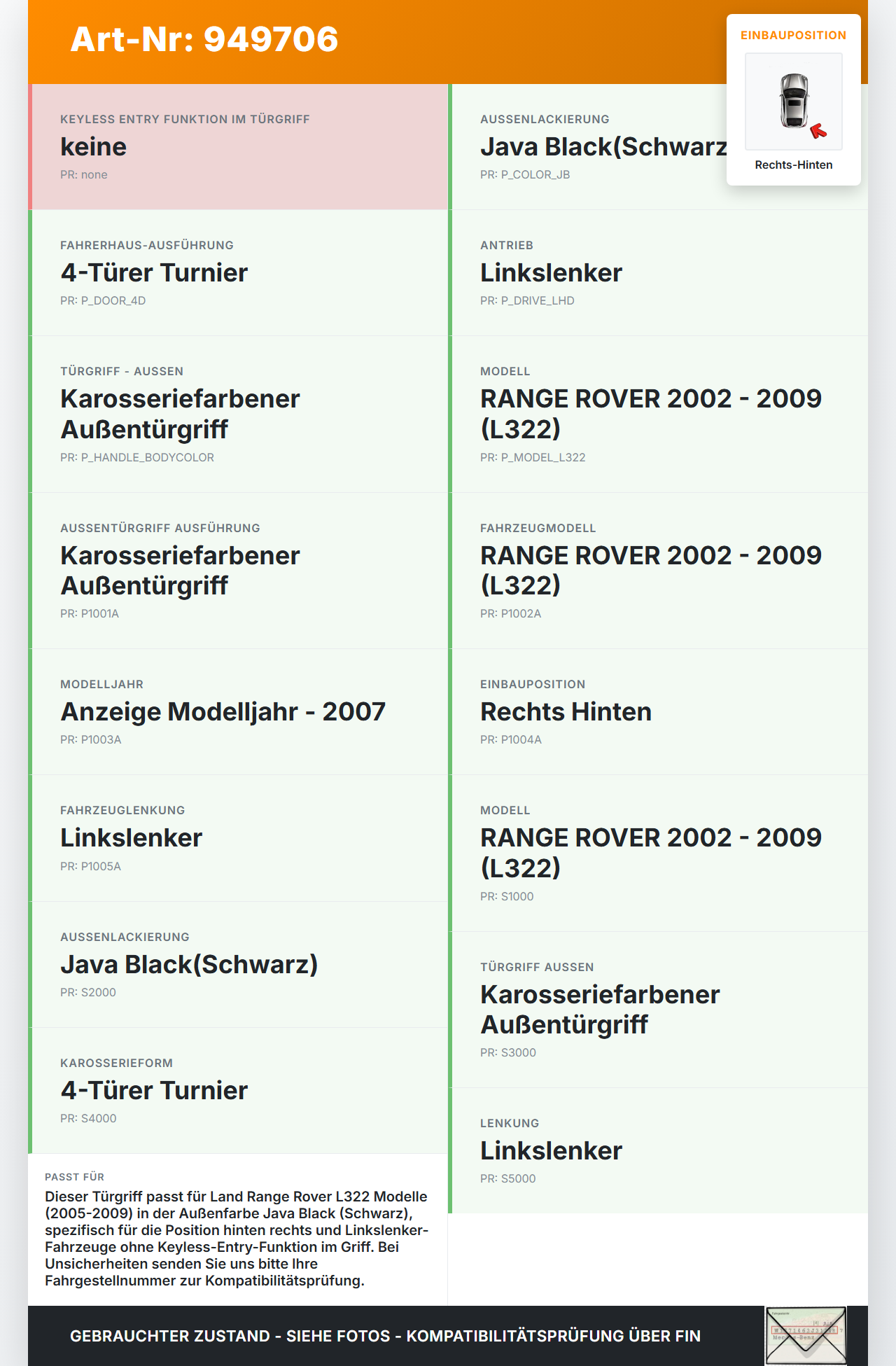 Land Range Rover L322 05-09 Türgriff Griff aussen Rechts Hinten Land Range Rover L322 05-09 20.09.2006 BFO760020... Vorschau 3