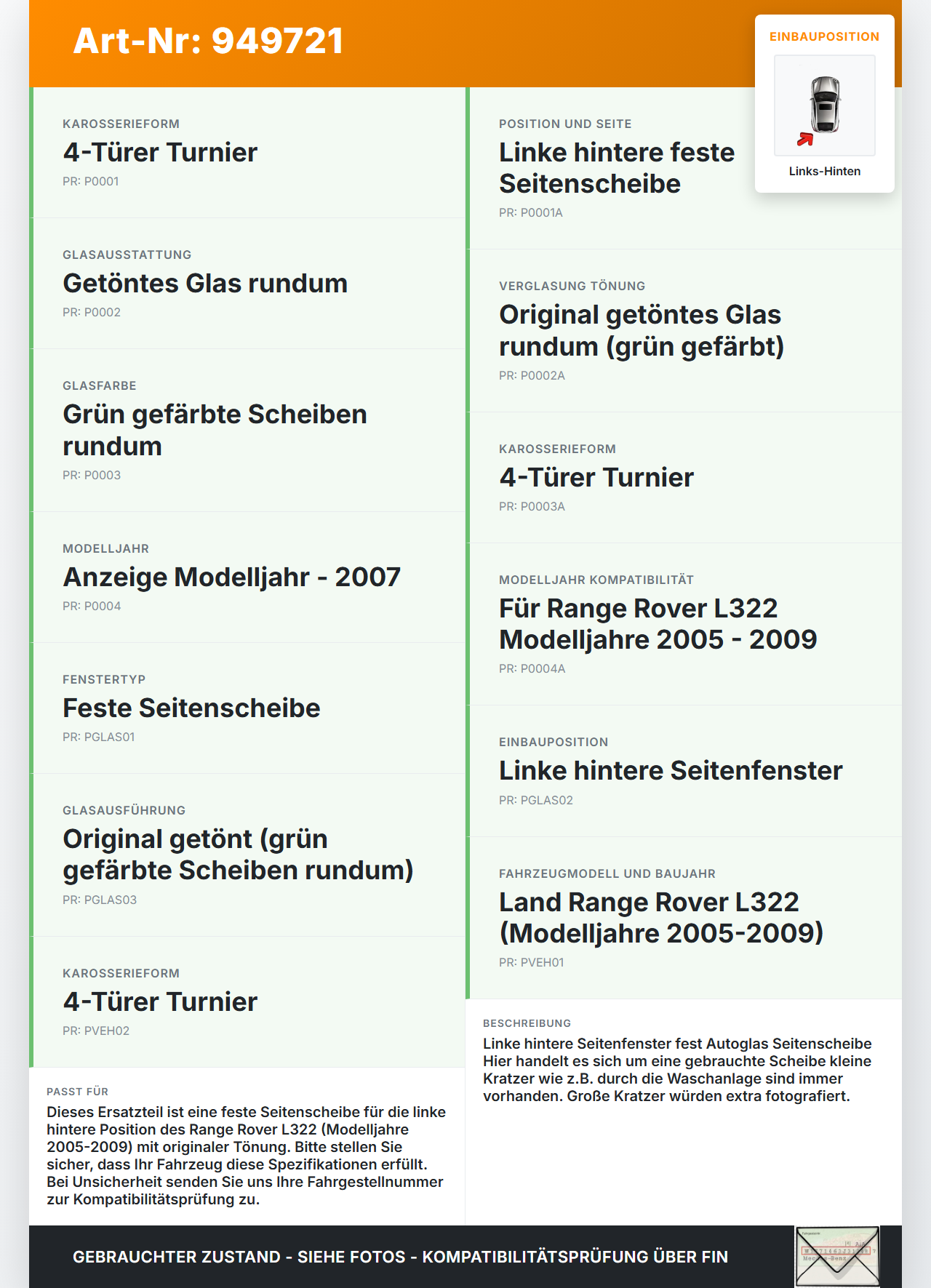 Land Range Rover L322 05-09 Feste Seitenscheibe Scheibe Links Hinten Orig. getönt Land Range Rover L322 05-09... Vorschau 3
