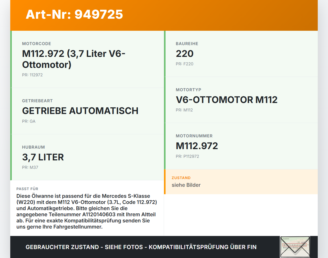 Mercedes S-Kl. W220 S350 02-05 3,7i 180KW 112.972 Ölwanne Motorwanne Mercedes S-Kl. W220 S350 02-05 01.03.2004... Vorschau 3