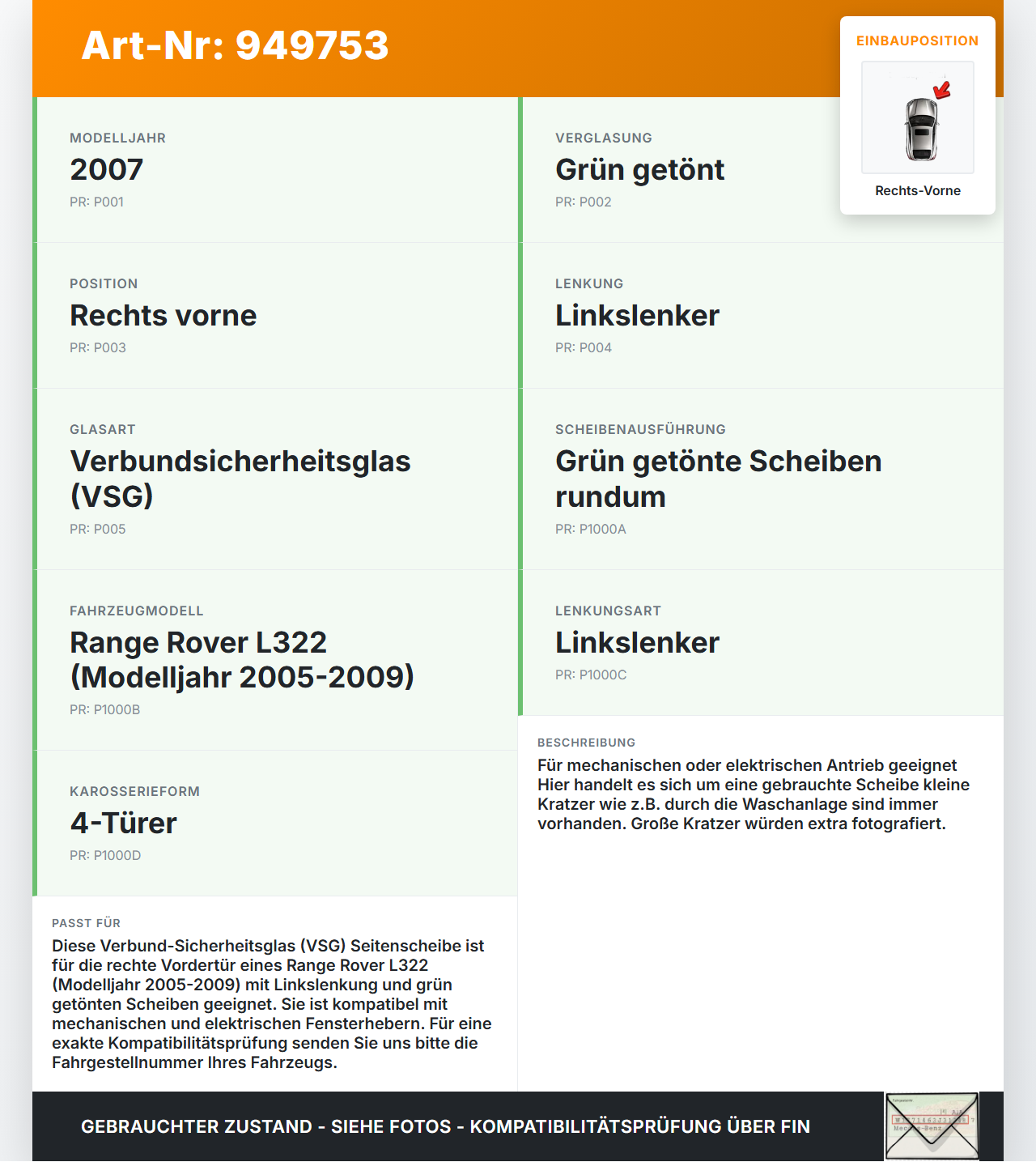 Land Range Rover L322 05-09 RVK Seitenscheibe für Tür Türscheibe Rechts Vorne VSG Land Range Rover L322 05-09... Vorschau 3