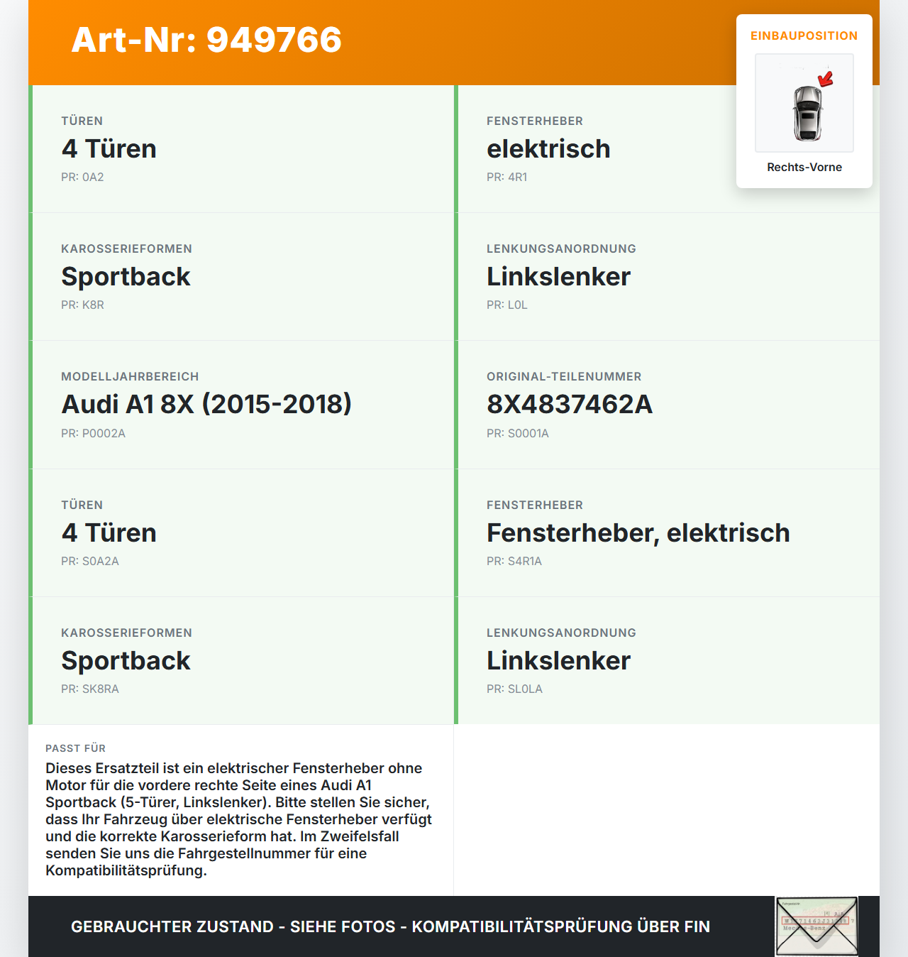 Audi A1 8X 15-18 5T Fensterheber o. FH-Motor Rechts Vorne Audi A1 8X 15-18 23.02.2016 8X4837462A 1021-928546-107... Vorschau 3