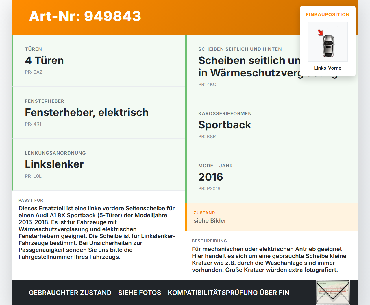 Audi A1 8X 15-18 5T Seitenscheibe LVK Fenster Türscheibe Links Vorne Audi A1 8X 15-18 23.02.2016 8X4845201 gebraucht Vorschau 3